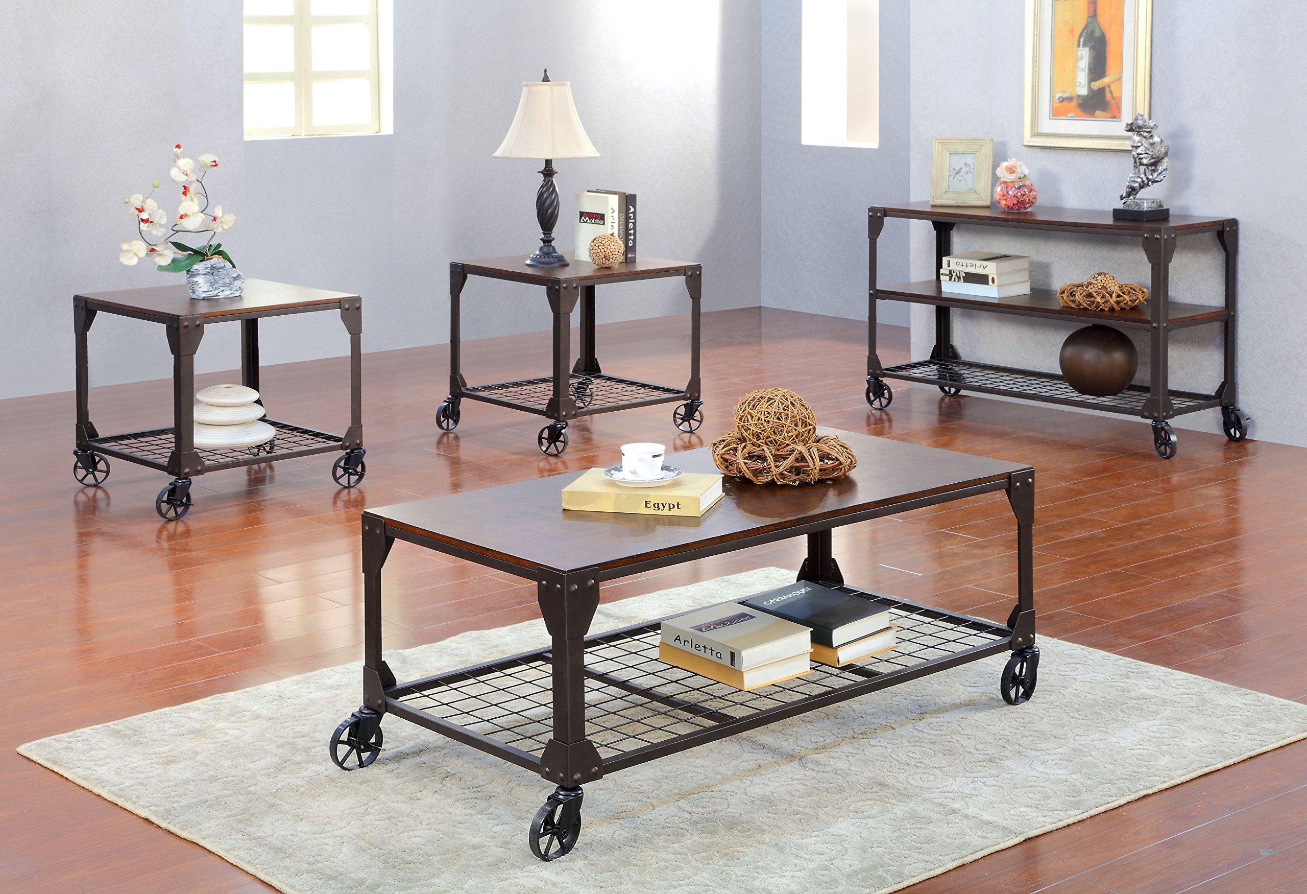 Furniture of America Kastas 4-Piece Industrial Accent Tables Set - Black Metal Coffee Table & End Tables for Living Room, Office & Dorm Decor