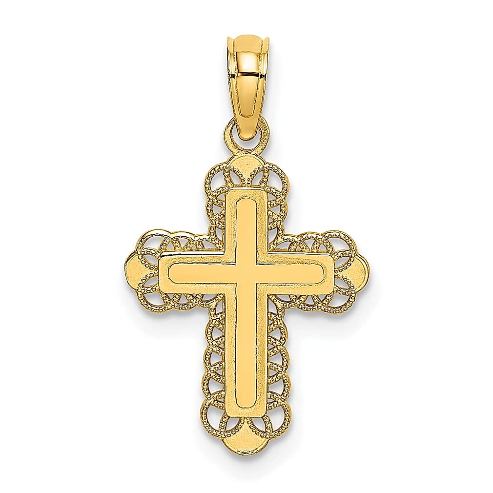 14K Yellow Gold Cross Pendant Necklace for Women - Religious Latin Charm with Solid Center & Lace Trim - Elegant Fine Jewelry Gift for Her (Perfect for Baptism, Confirmation & Special Occasions)