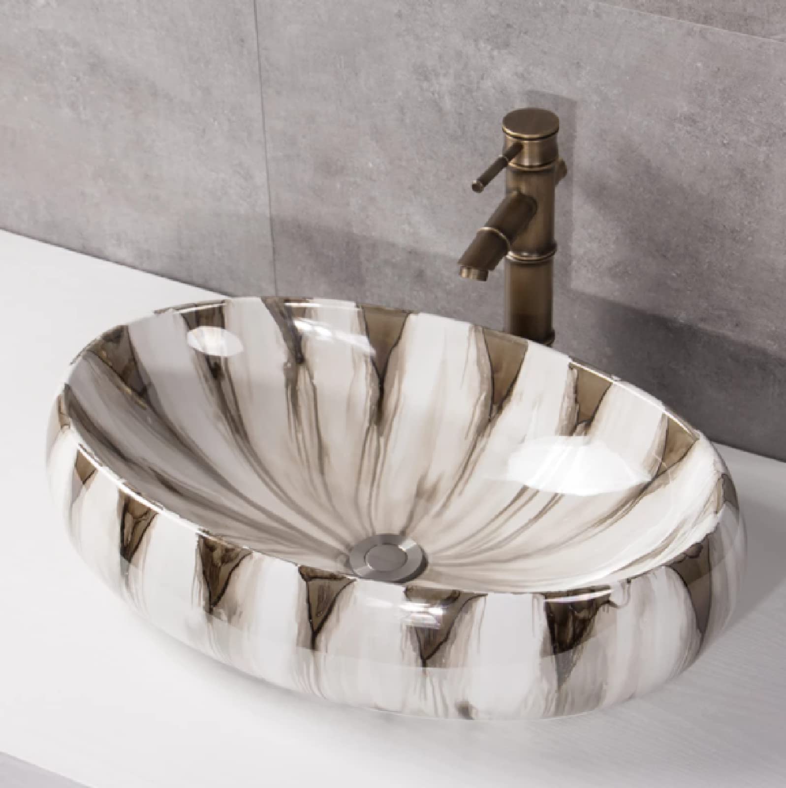 Premium SHAWLA Ceramic Vessel Sink - Oval Bathroom Countertop Wash Basin with Marble Finish | Handcrafted Jingdezhen Art Design | Modern Colorful Ceramic Sink for Vanity, Powder Room & Luxury Bathroom Decor