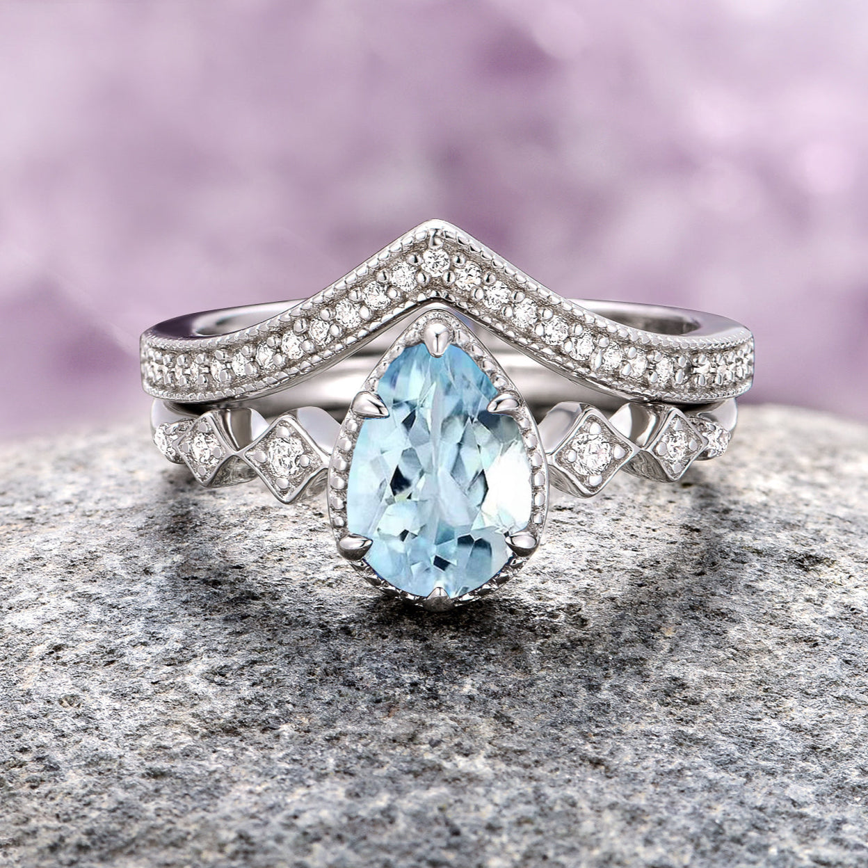 Exquisite Teardrop Aquamarine Engagement Ring Set in Sterling Silver - Perfect for Proposals, Anniversaries & Bridal Jewelry