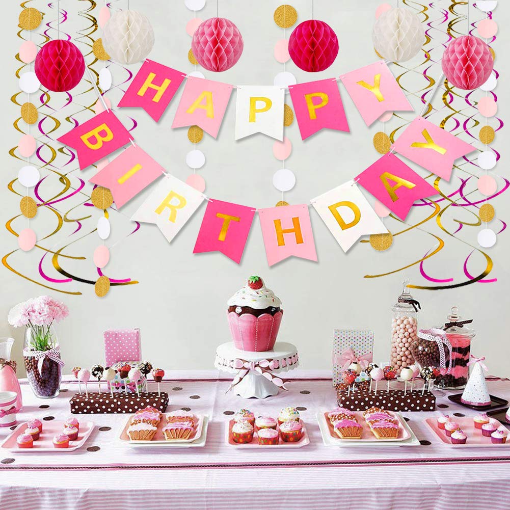 Pink Birthday Party Decorations Set - Happy Birthday Banner, Paper Honeycomb Balls, Circle Garland & Hanging Swirls - Perfect for Baby Showers, Bridal Showers & Birthday Celebrations