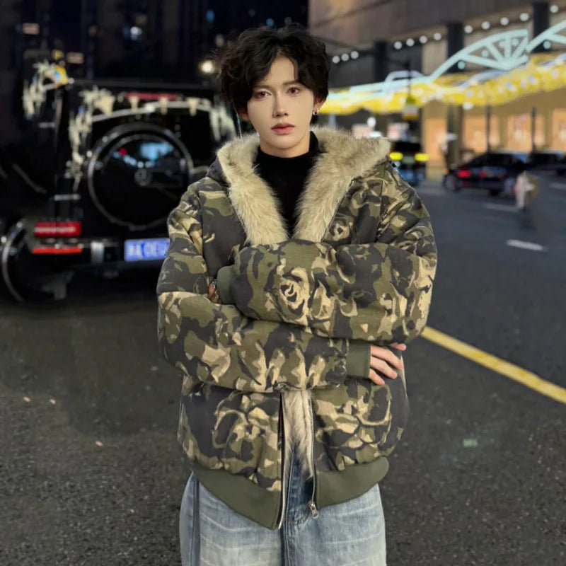 2024 Fashion Men's Winter Camouflage Hooded Jacket with Zipper & Contrast Color Patchwork - Outdoor Hunting, Hiking & Casual Wear (Style 9C9020)