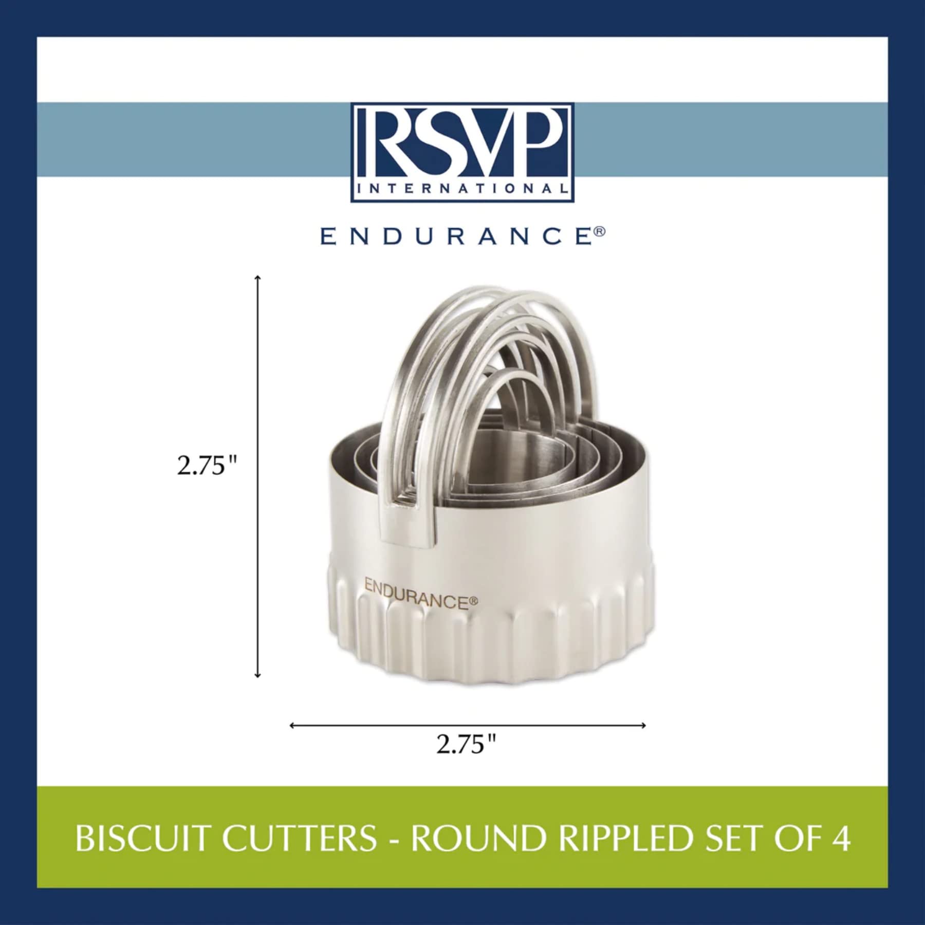 RSVP International Stainless Steel Biscuit Cutters Set of 4 - Round Ripple Edge for Perfect Dough Cutting | Professional Baking Tools with High Handle Arch | Ideal for Cookies, Pastries & Pie Crusts | Easy Nesting Storage for Kitchen Organization