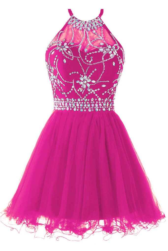 Musever Women's Halter Short Homecoming Dress with Beading - Red Tulle Prom Dress US Size 2 for Party, Dance, Formal Events and Special Occasions
