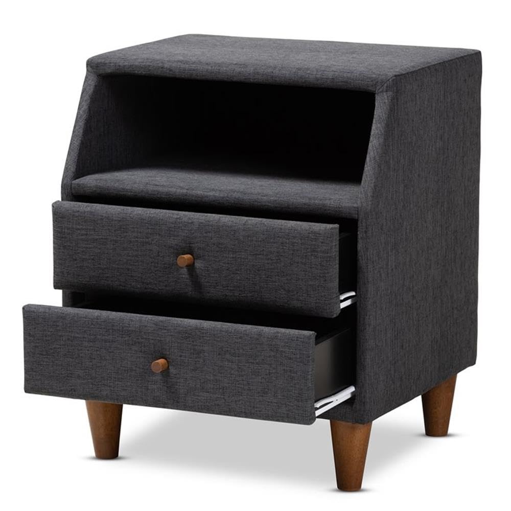 BOWERY HILL 2-Drawer Nightstand - Charcoal Gray Fabric & Wood Bedside Table for Bedroom, Living Room, or Office Storage | Compact Side Table with Drawers for Home Decor
