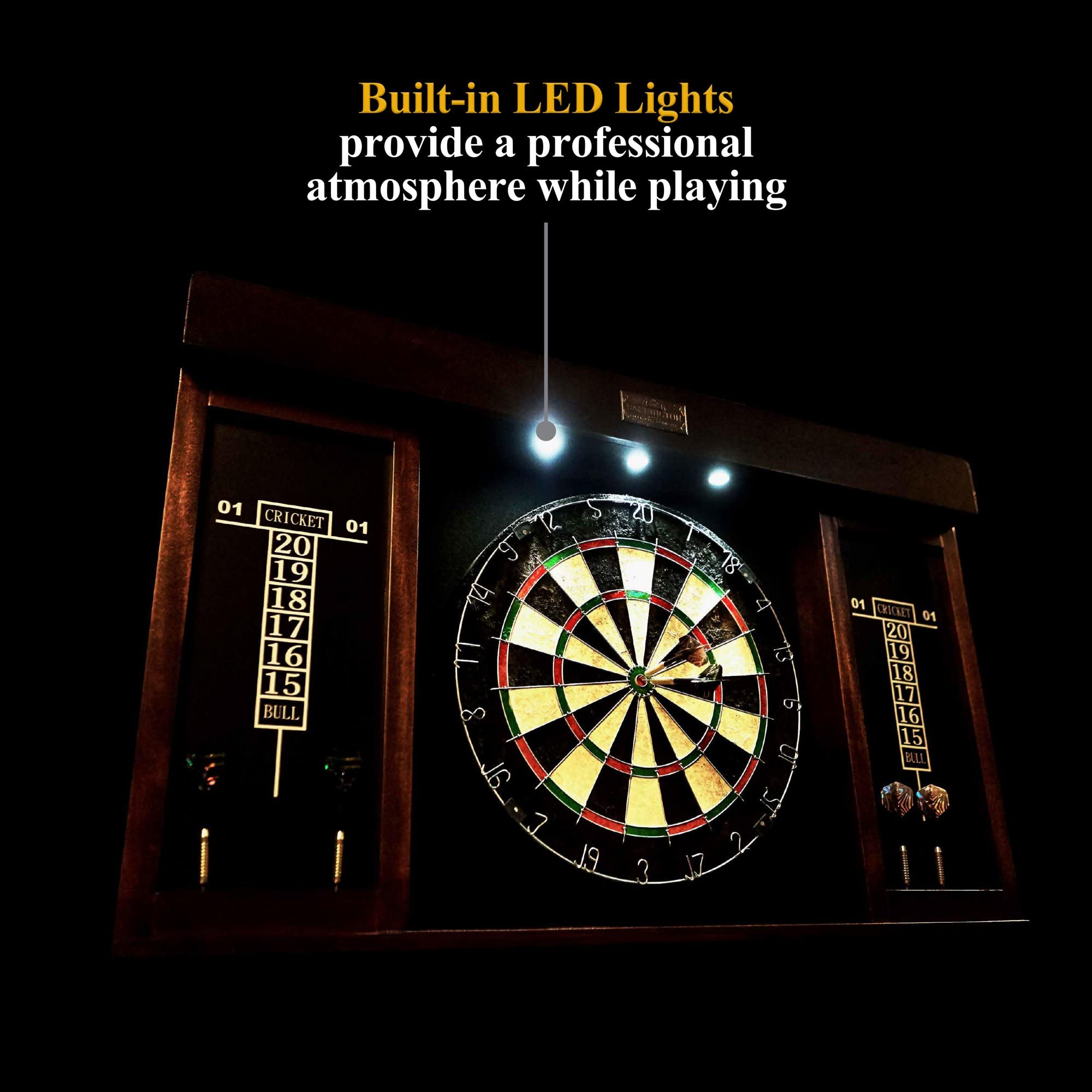 40 Inch Wooden Dartboard Cabinet Set with LED Lights - Large Dart Board for Adults, Includes 6 Steel Tip Darts (Brown/Black) - Perfect for Home Bar, Game Room, Playroom, and Man Cave Entertainment