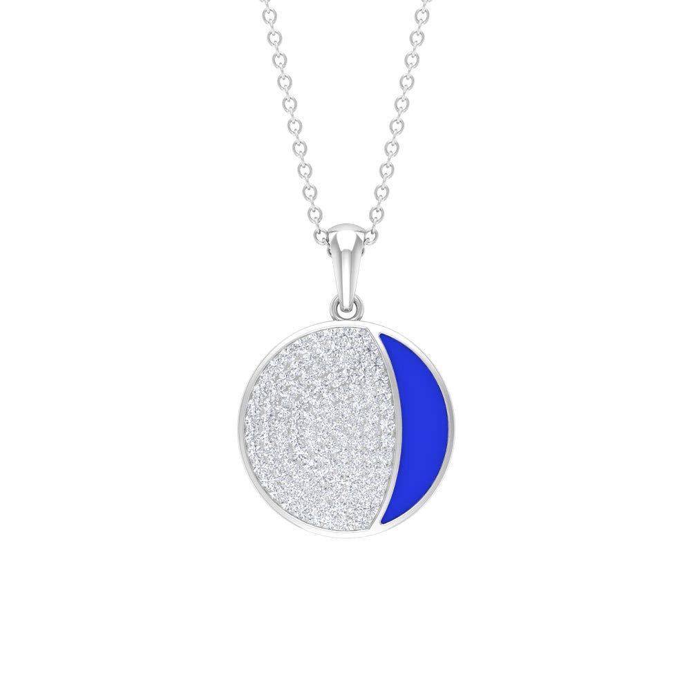 3/4 CT Moissanite & Blue Enamel Moon Pendant Necklace for Women - 14K Solid Gold Pave Set Jewelry - Elegant Gift for Birthday, Anniversary & Valentine's Day