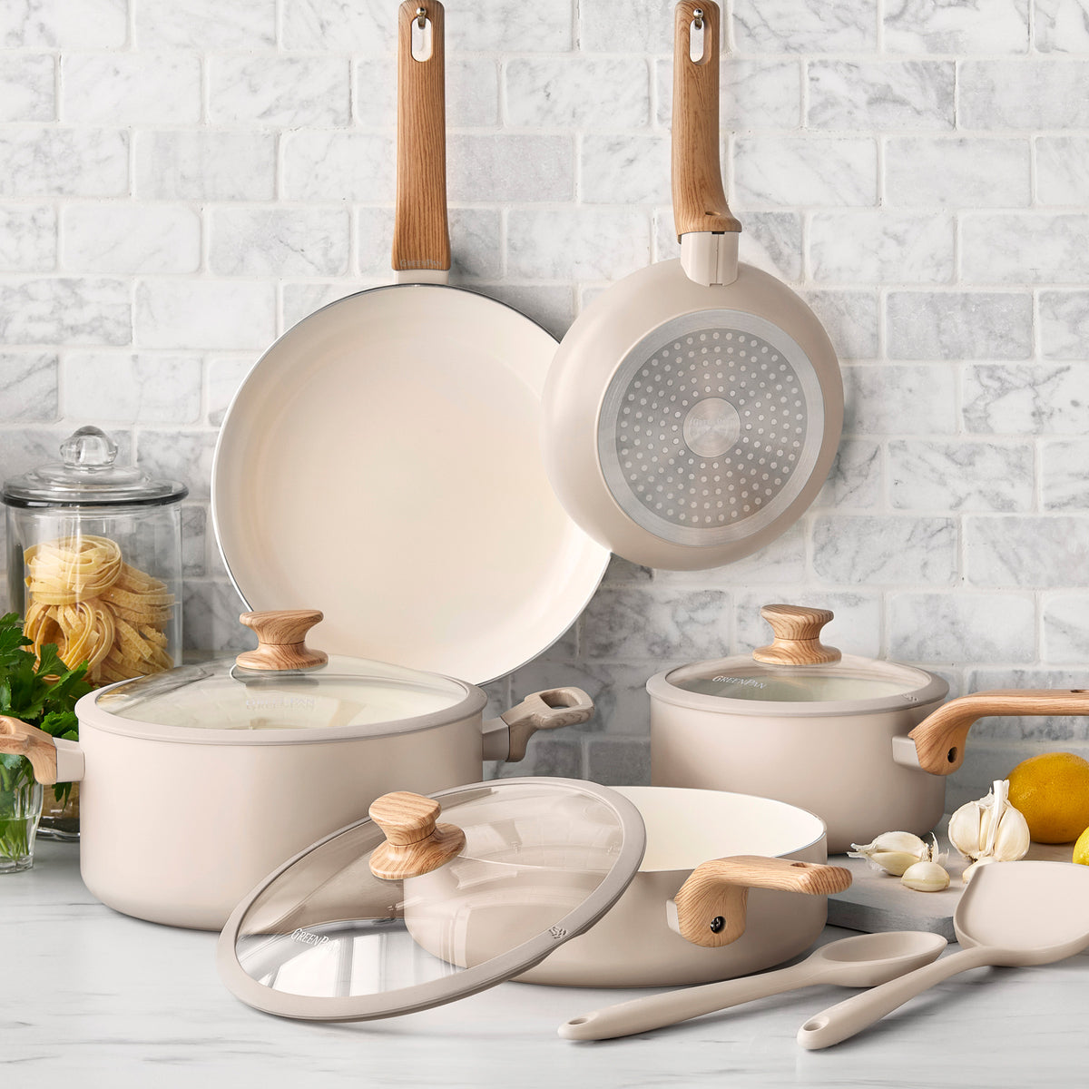 Premium Essence Ceramic Nonstick 10-Piece Cookware Set - Eco-Friendly, PFOA-Free, Dishwasher Safe - Perfect for Sauteing, Frying & Everyday Cooking | Taupe Color