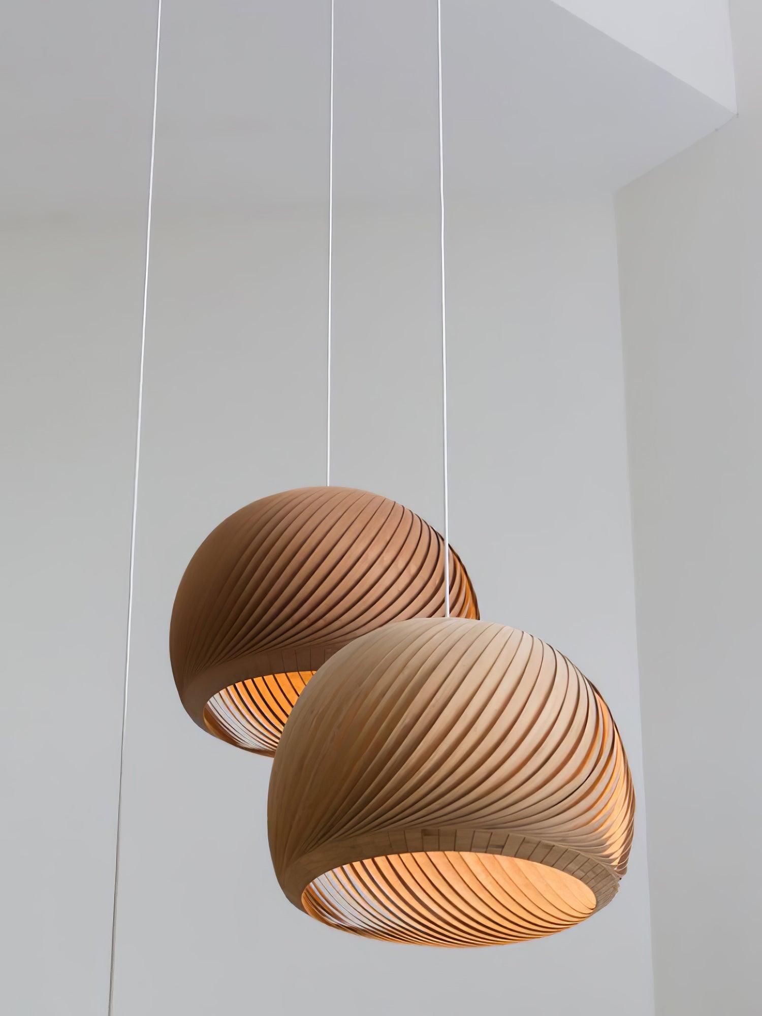 Aurora Whorl Wood Pendant Lamp - Handcrafted Wooden Hanging Light Fixture for Dining Room, Bedroom, or Living Room Decor - Natural Boho Style Ceiling Light for Home and Office