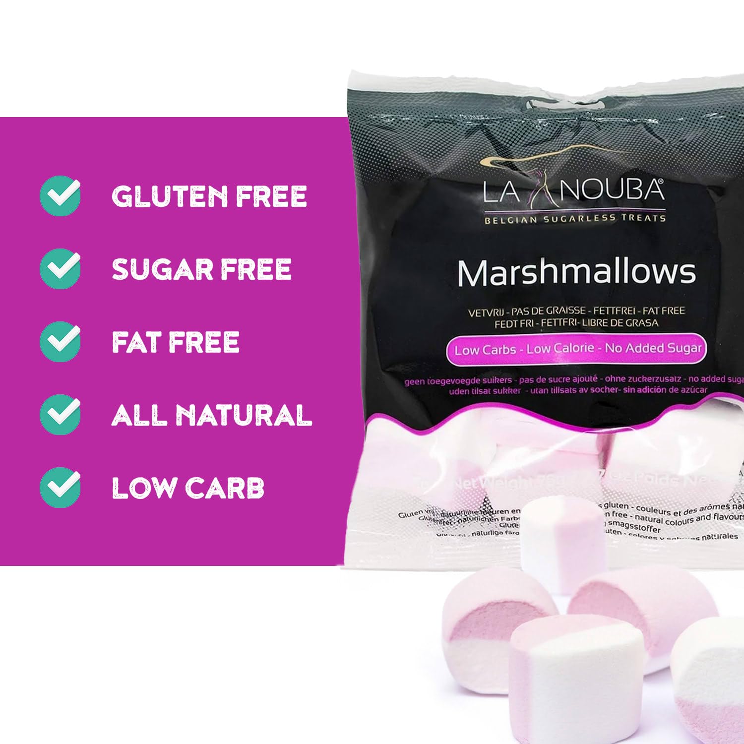 Sugar-Free Marshmallows 6 Pack (2.7 oz Each) - Low Calorie, Keto Friendly, Gluten Free, Fat Free Healthy Snacks - All Natural Ingredients with Delicious Traditional Flavor - Perfect for Camping, Baking, Hot Cocoa & Diabetic-Friendly Desserts