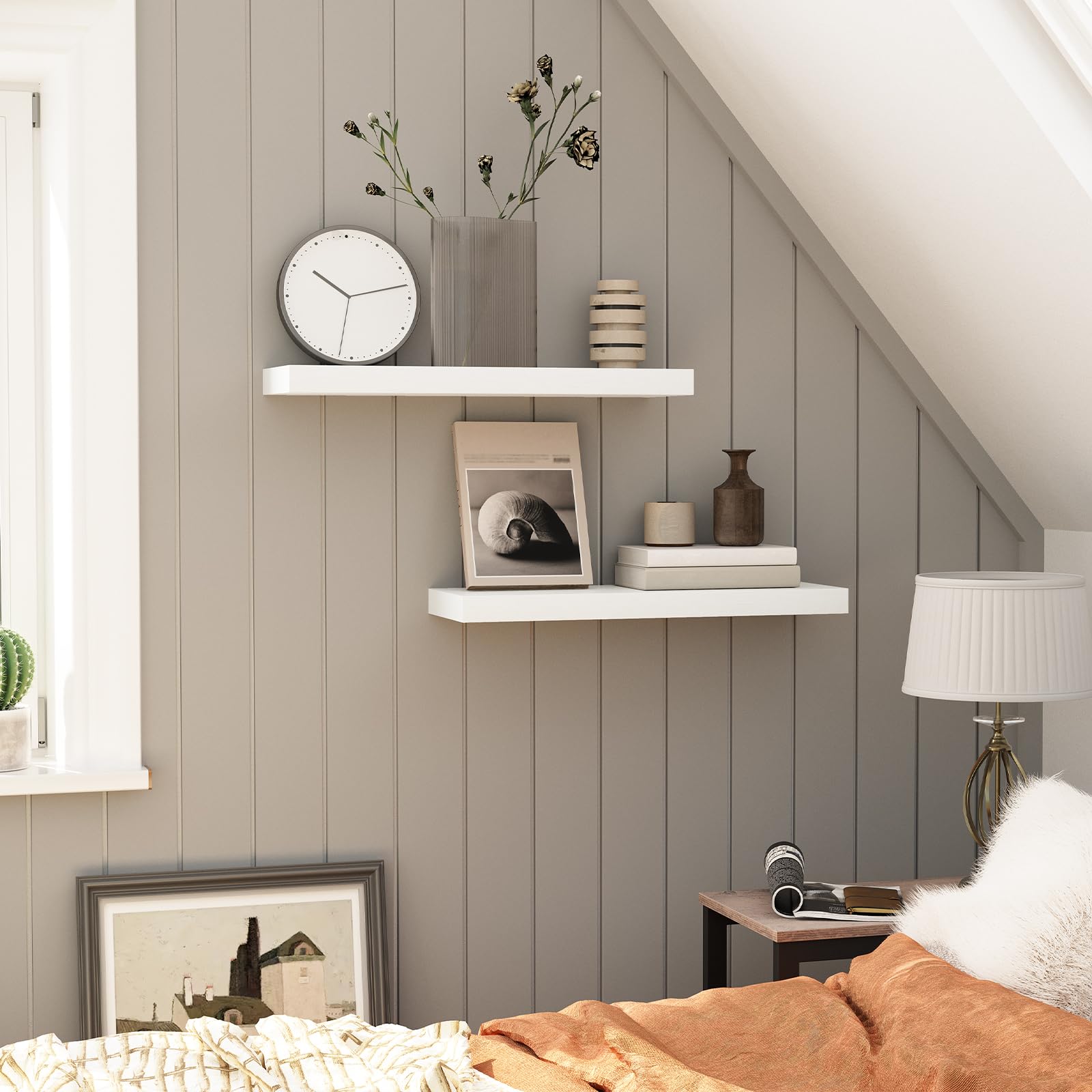HOOBRO Floating Shelves Set of 2, 23.6 Inch White Wall Shelves with Invisible Brackets - Modern Wall Decor for Bathroom, Bedroom, Kitchen, Living Room & Office - Perfect for Displaying Books, Plants, Photos and Home Decor Items