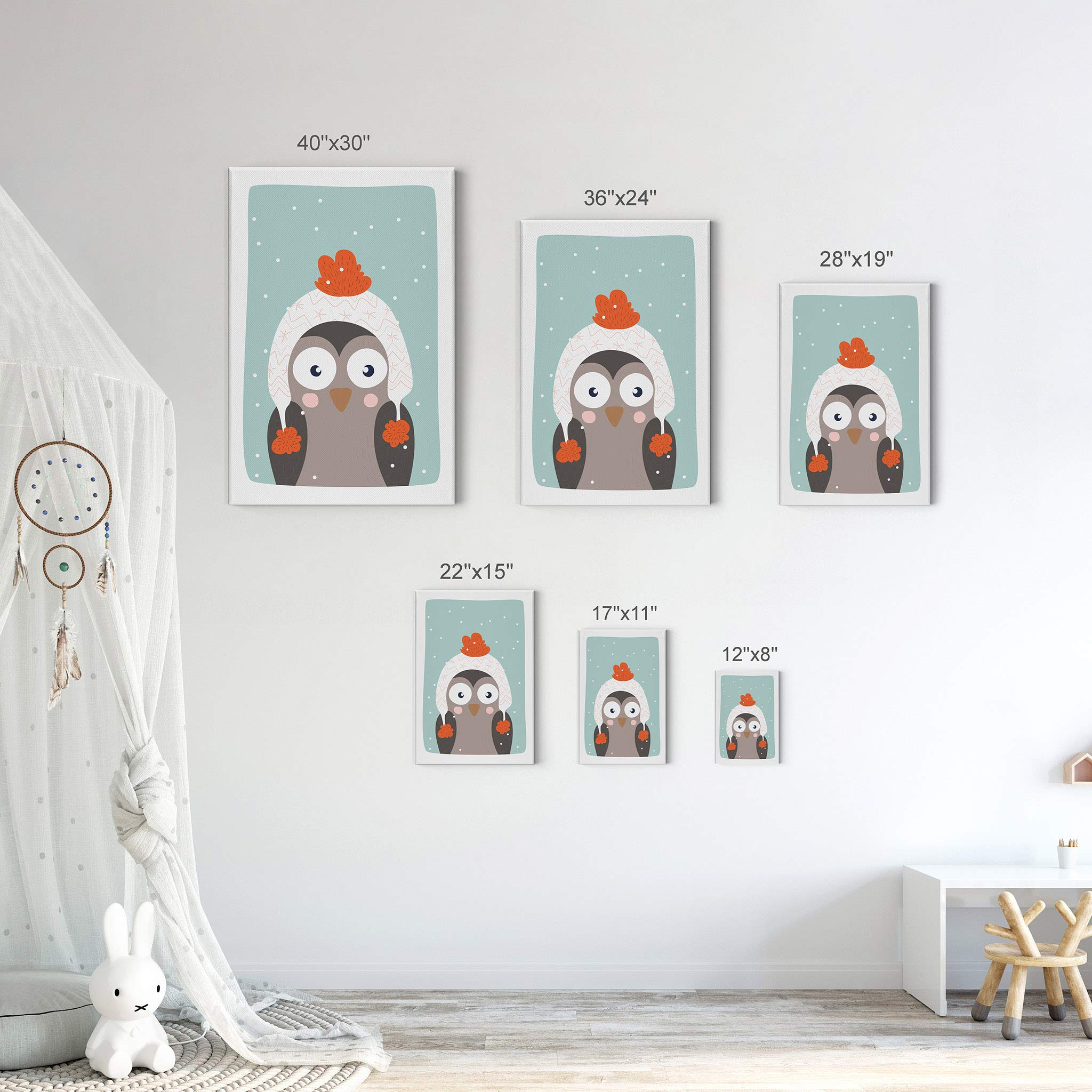 Cute Owl Winter Theme Canvas Print - Turquoise Background Wall Art for Kids Room, Nursery & Baby Room Decor - Ready to Hang 40x30 - Made in USA | Perfect for Children's Bedroom, Playroom & Gift Ideas