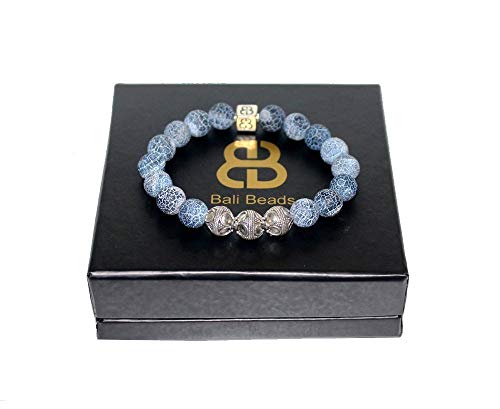 Blue Crackled Agate Bracelet for Men - Handmade Sterling Silver Beaded Bracelet with Natural Blue Agate Stones - Perfect for Gifts, Casual Wear & Spiritual Healing Jewelry