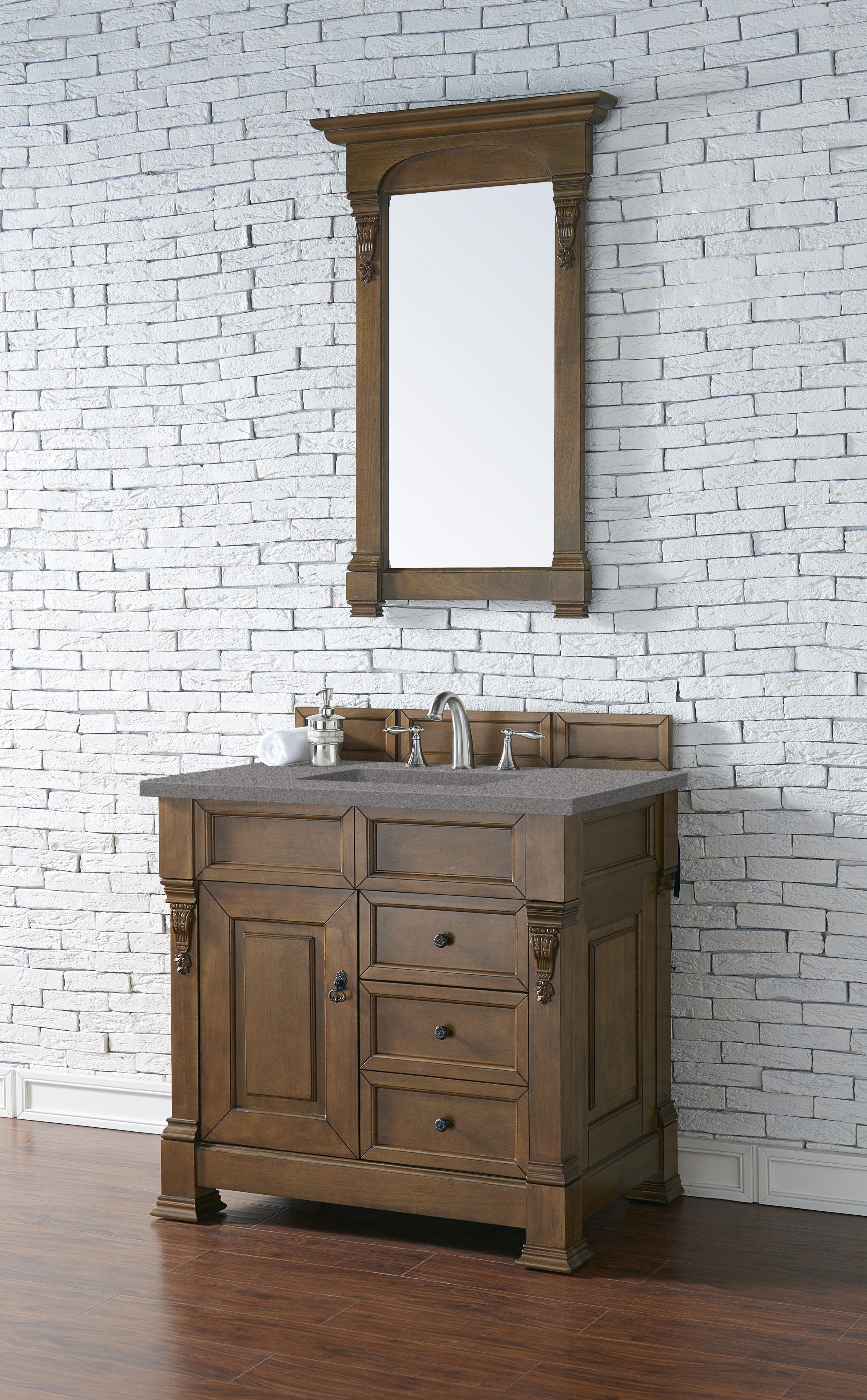 Brookfield 36 Inch Single Bathroom Vanity in Country Oak with 3CM Grey Expo Quartz Countertop - Perfect for Modern Farmhouse & Rustic Bathroom Designs