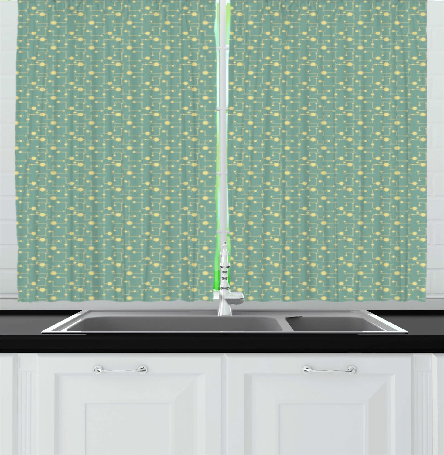 Ambesonne Abstract Long Kitchen Curtains - Fireflies Circuit Board Geometric Futuristic Digital Art Design, 55