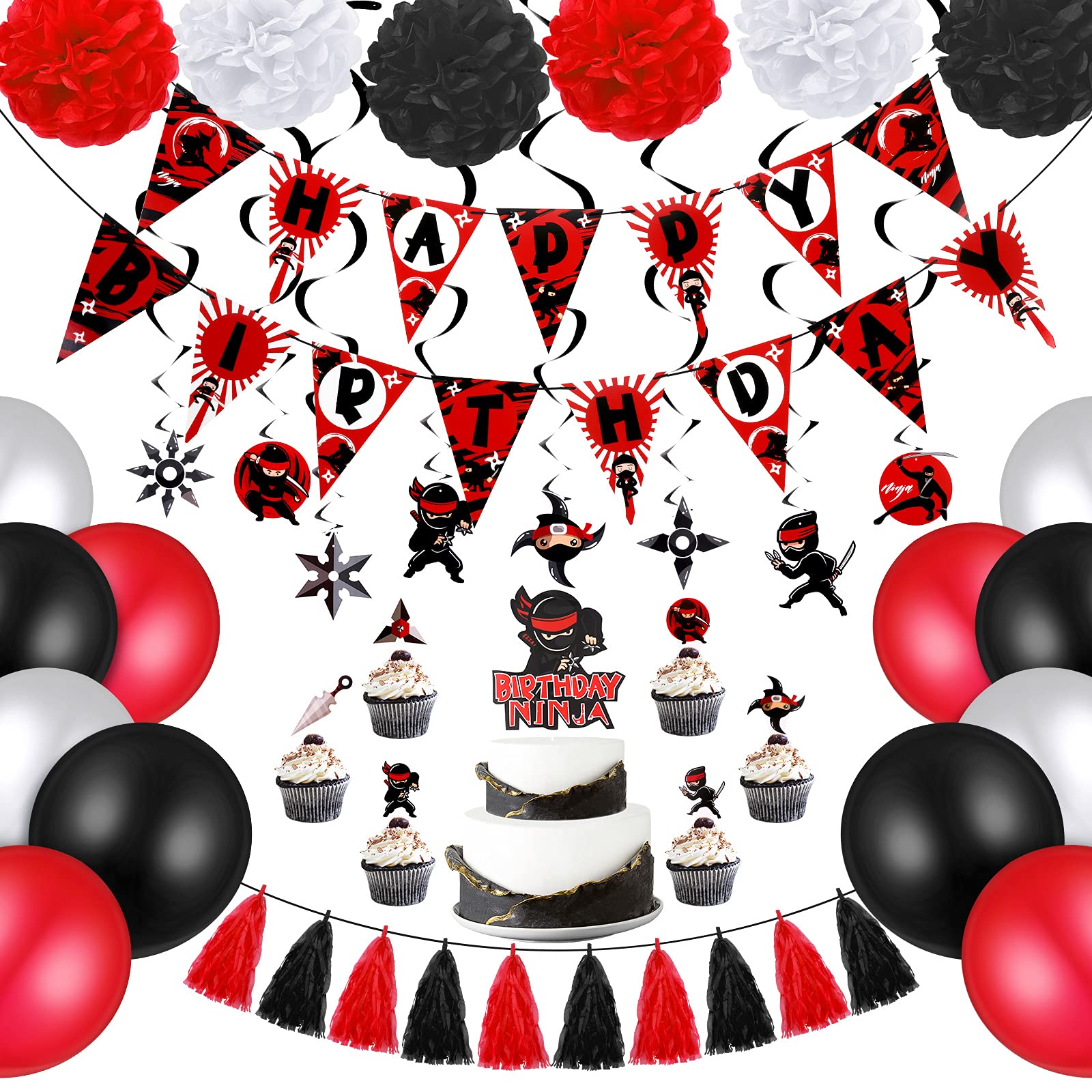 Ninja Themed Birthday Party Supplies Set - Decorations, Favors, Banner, Cake Toppers, Hanging Swirls, Latex Balloons & Paper Pom Poms for Warrior Themed Parties, Baby Showers & Kids Celebrations | Perfect for Ninja Birthday Decor, Themed Events & Special Occasions
