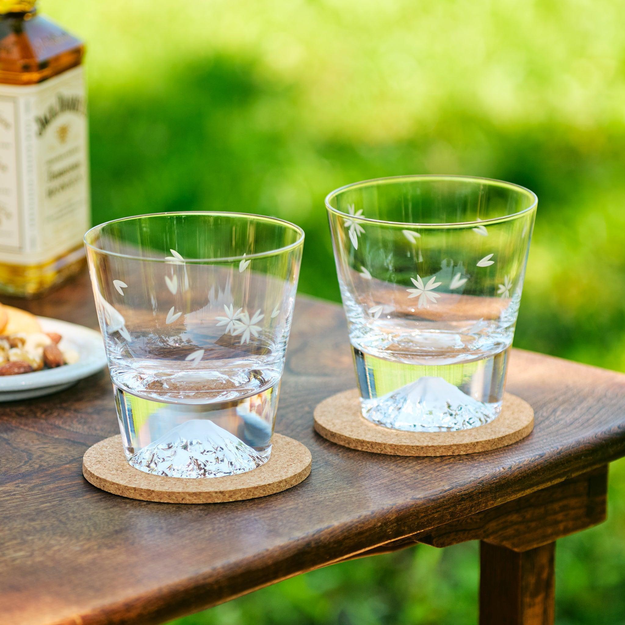 Tajima Mount Fuji Rocks Glass Set with Cherry Blossom Design - Japanese Whiskey Glasses for Cocktails, Bourbon & Scotch - Perfect for Home Bar, Gifts & Japanese Culture Enthusiasts