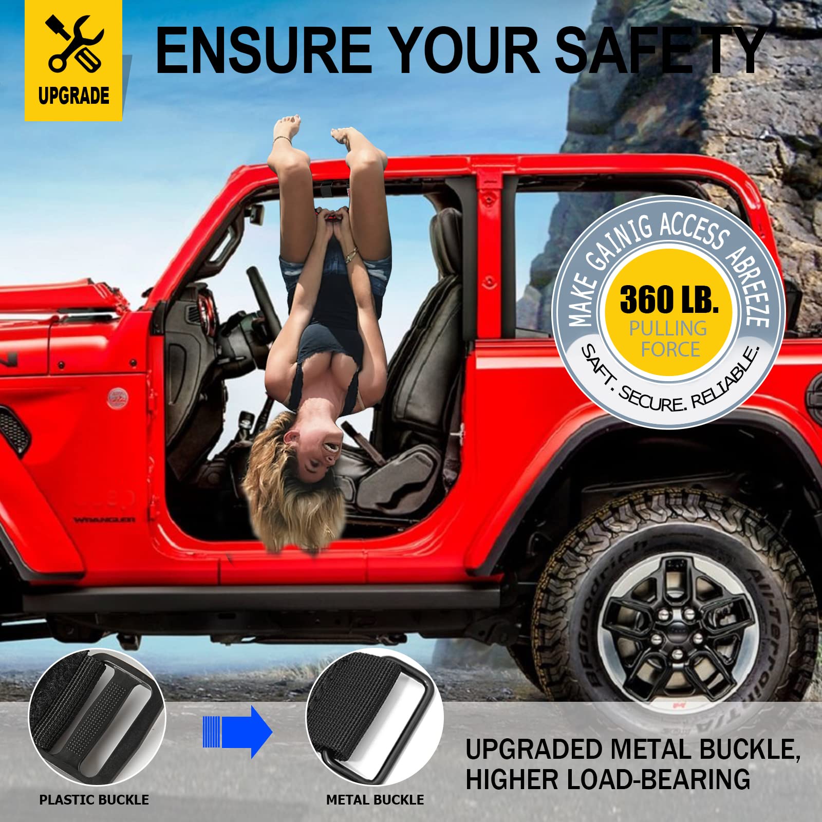 4 Pack Roll Bar Grab Handles for Jeep Wrangler JL JK TJ YJ & Gladiator (1955-2023) - Heavy Duty Paracord Grip with Upgraded Metal Buckle - Durable Off-Road Accessories - Perfect for Adventure, Camping & Trail Riding (Red)