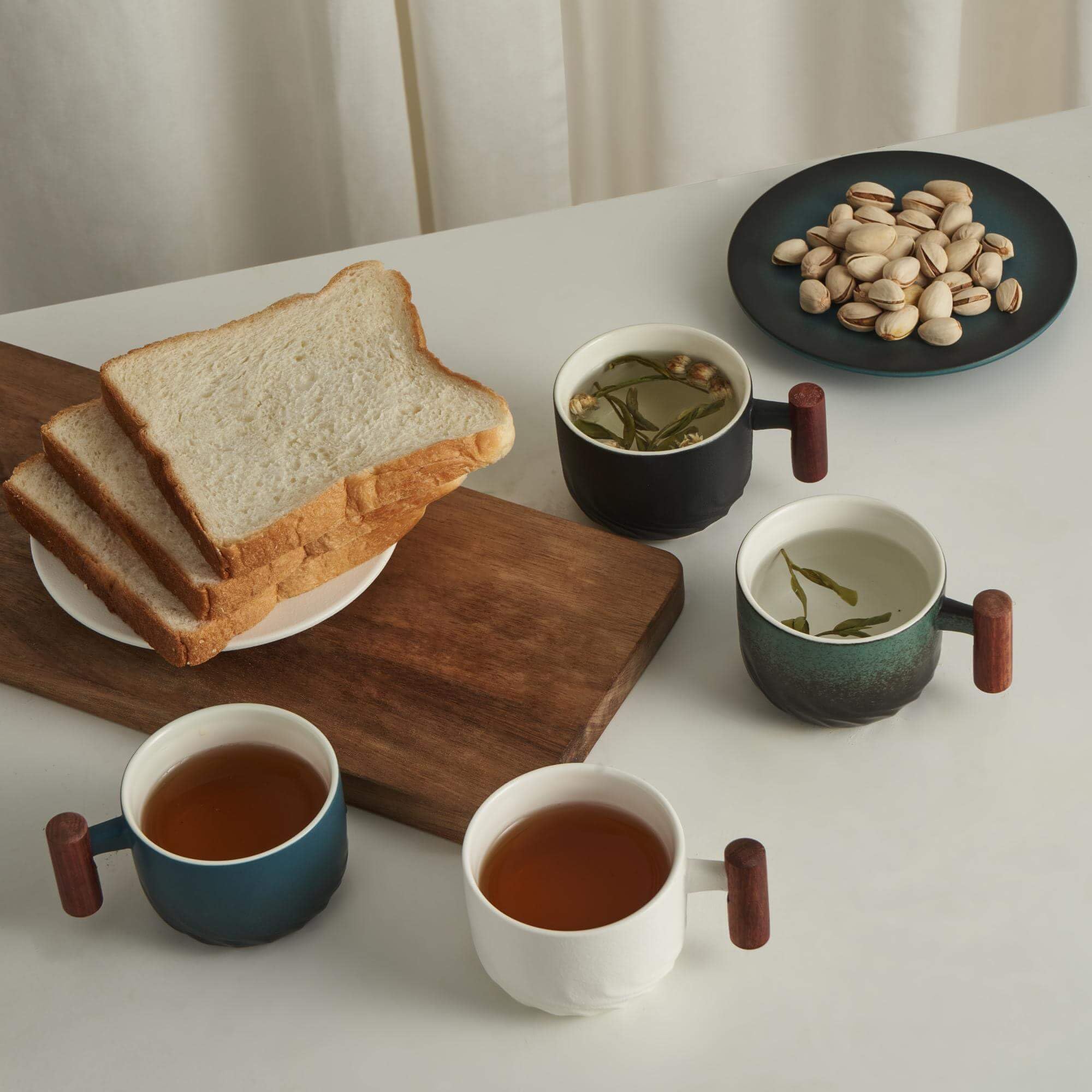 6 Oz Ceramic Espresso Cups with Wooden Handle - Set of 4 Small Coffee Mugs for Latte, Cappuccino, Tea & Hot Beverages - Perfect for Home, Office & Cafe Use