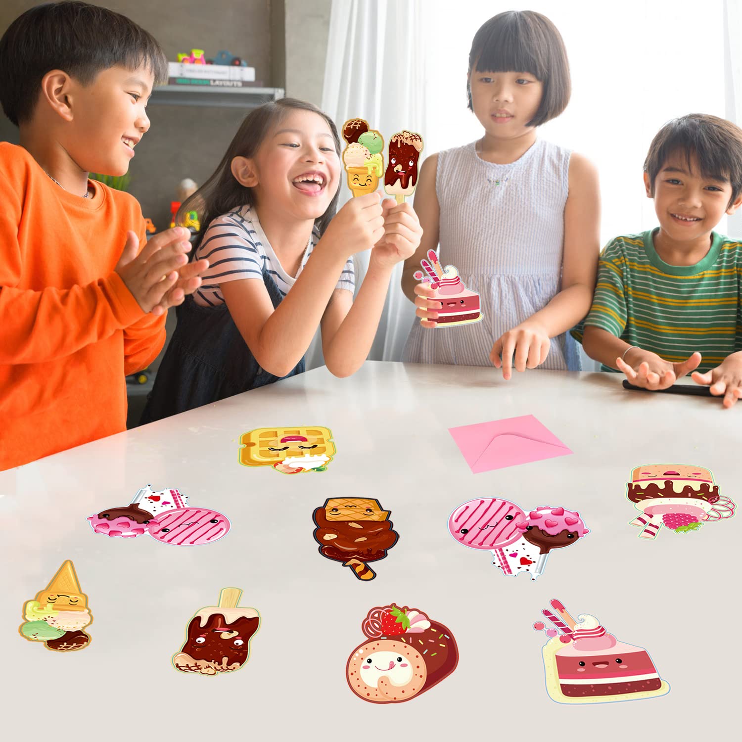 96-Pack Kids Valentine's Day Cards Set - 32 Dessert-Themed Cards, 32 Pink Envelopes & 32 Stickers for School Classroom Exchange Gifts | Perfect for Valentine's Day Parties & Classroom Activities