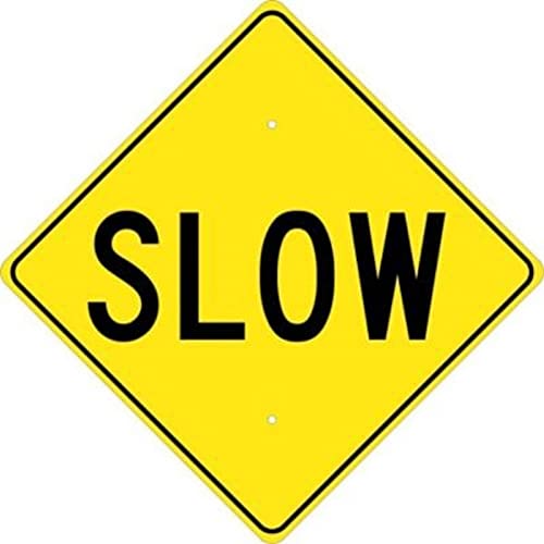 24 Inch Diamond Shape NMC TM120J SLOW Traffic Sign - Yellow Aluminum Road Sign with Black Text for School Zones & Construction Areas