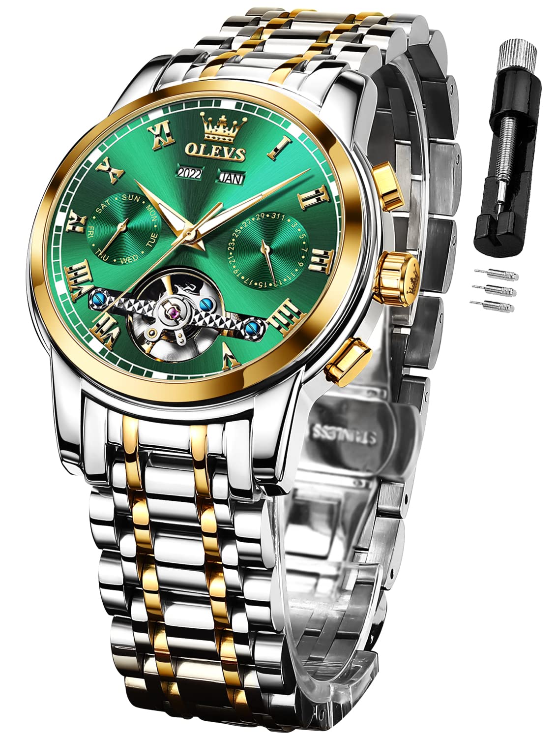 OLEVS Men's Automatic Self-Winding Mechanical Watch - Luxury Stainless Steel Business Chronograph with Multi-Calendar, Waterproof & Luminous Dial - Perfect for Office, Formal Events & Everyday Wear