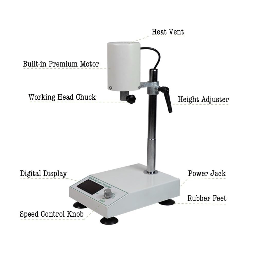 FSH-2A High Speed Homogenizer Mixer 5-1000ml, 20,000RPM Lab Homogenizer with 2X SUS304 Working Heads & Magnetic Clips, 110V for Emulsifying, Cell Disruption - Perfect for Laboratory, School & Research Use