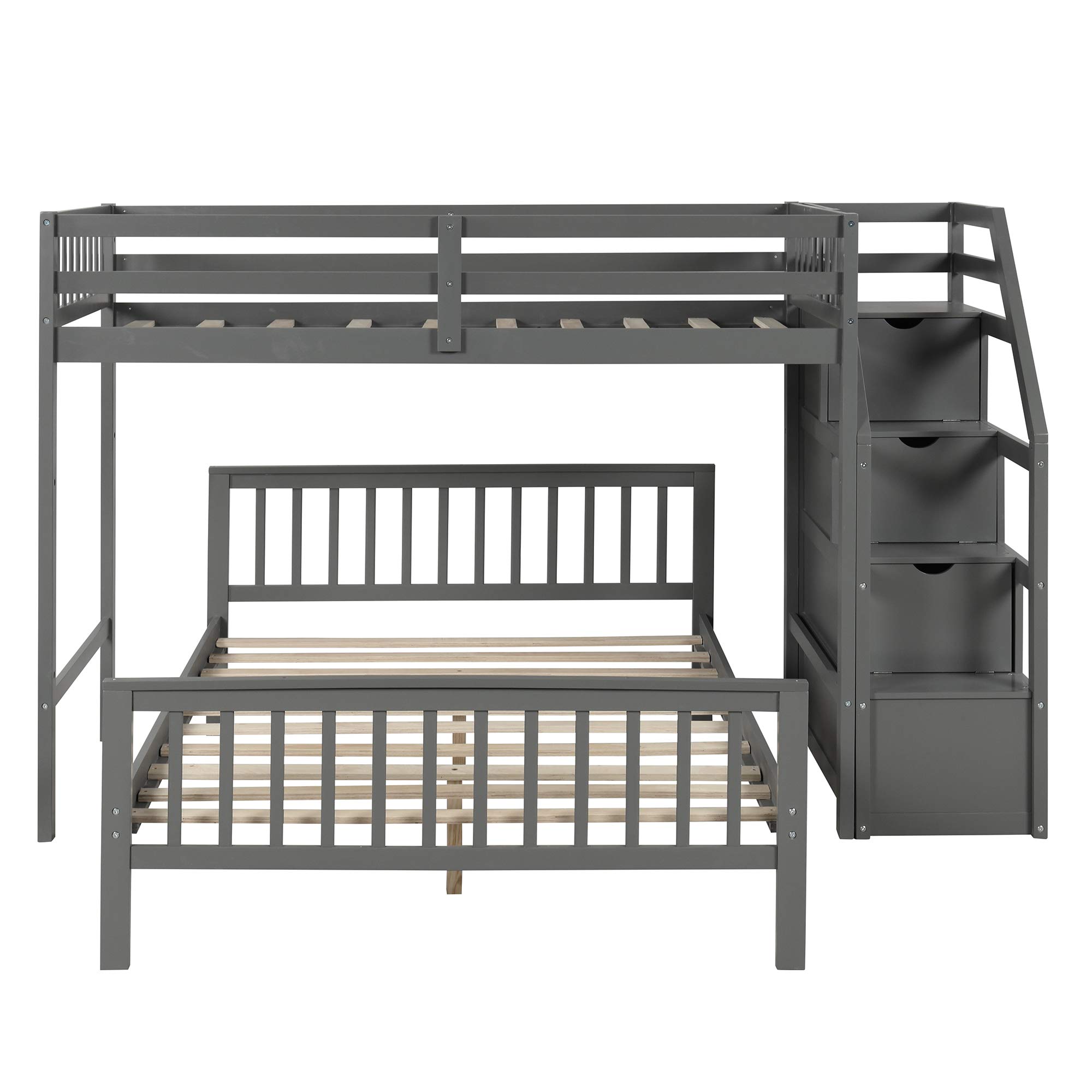 Knocbel Twin Over Full Loft Bed with Ladder - Solid Wood Platform Bed Frame with Slats Support, Guard Rails & 3 Storage Compartments - 450 lbs Weight Capacity (Espresso Finish) - Perfect for Kids Rooms, Small Apartments & Dorm Rooms