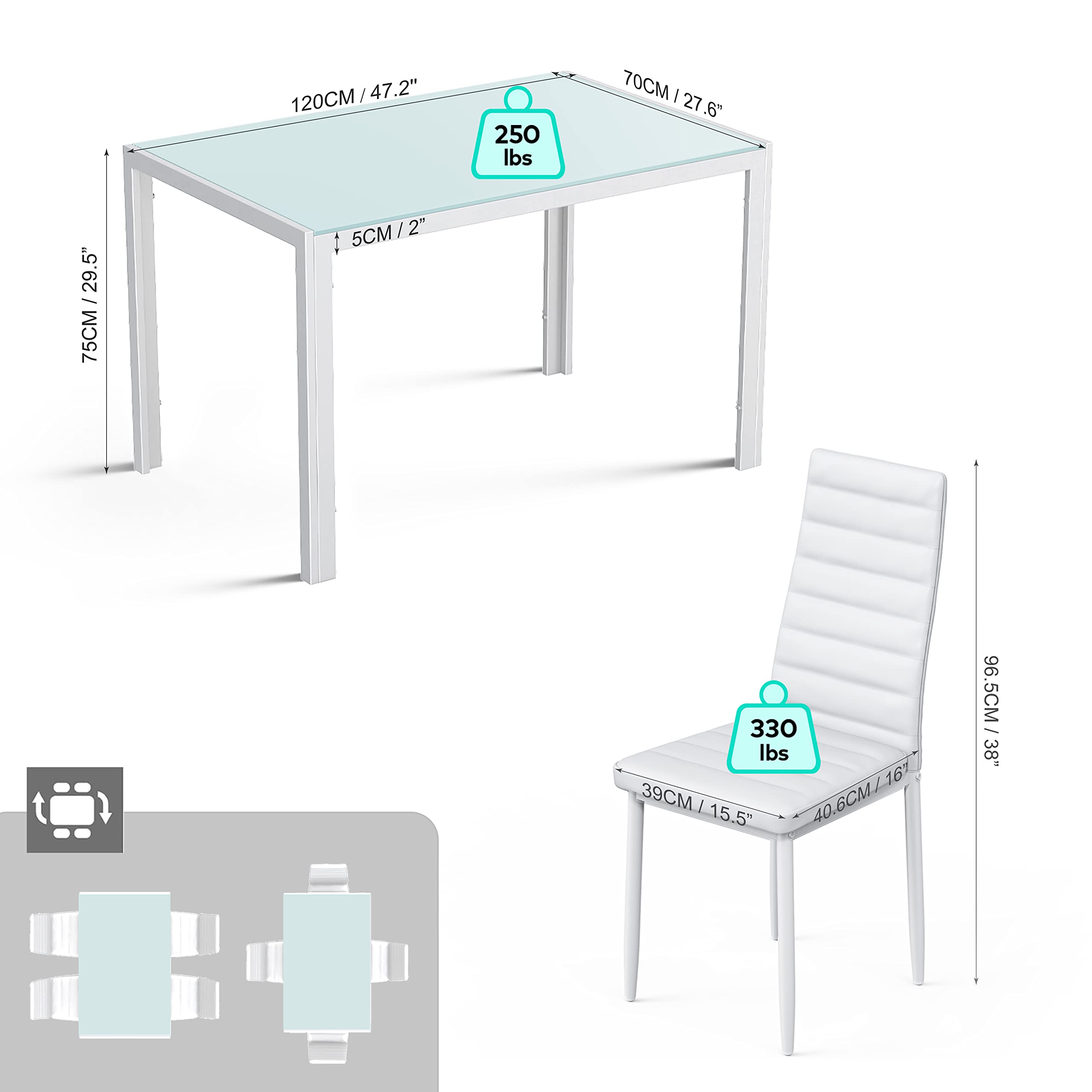 Gizoon 5-Piece Modern Glass Dining Table Set with PU Leather Chairs for 4, Perfect for Kitchen, Living Room, and Small Space Dining