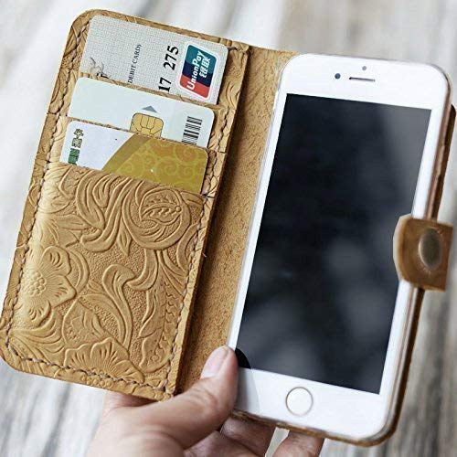 Genuine Leather Wristlet Case for iPhone 16/16 Pro Max/16 Plus/15/15 Pro Max/14 Pro/13 Mini/12/SE - Premium Tooled Design (Model 408H, Tan) - Perfect for Everyday Use, Travel & Hands-Free Convenience