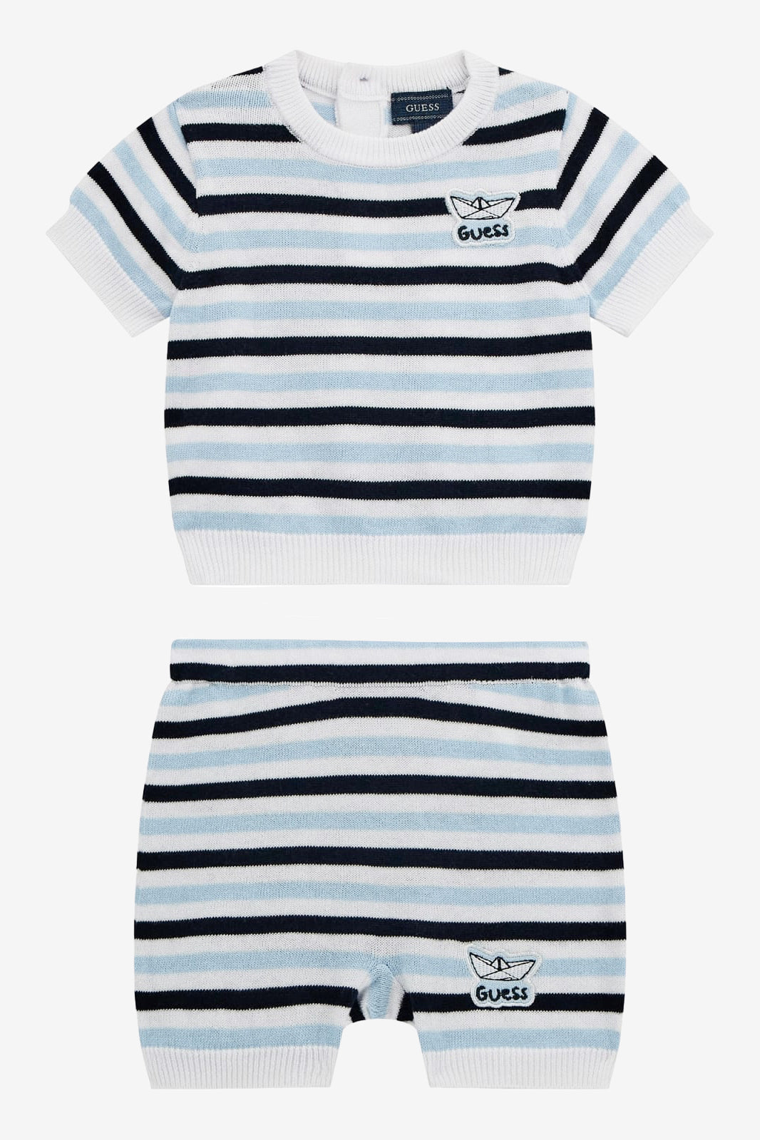 Wilf Blue, Navy & White Striped Knitted Top & Shorts Set - Women's Casual Summer Outfit for Beach, Vacation and Streetwear