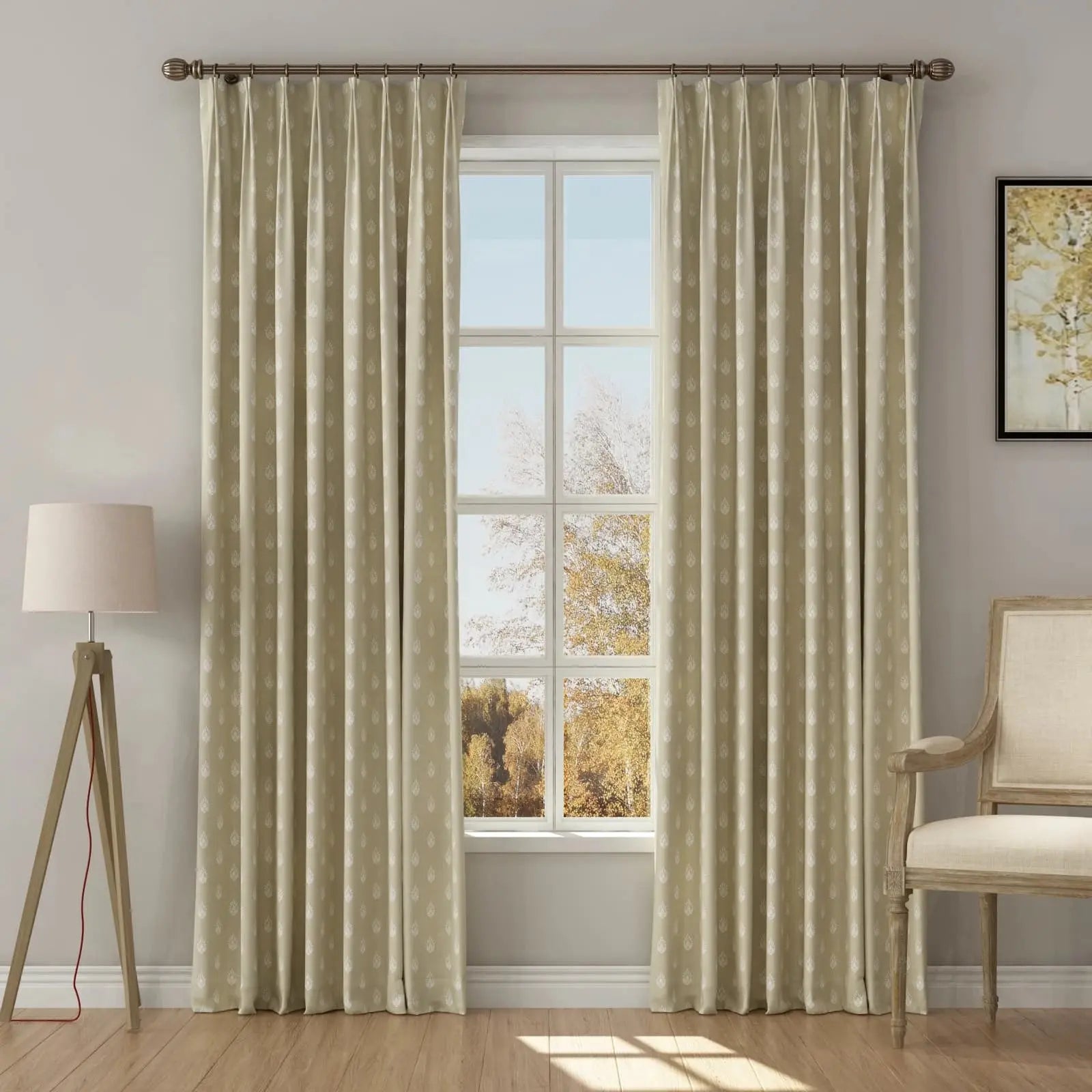 Stefana Silver Print Linen Blend Curtains - Elegant Pleated Drapes for Living Room & Bedroom Window Decor