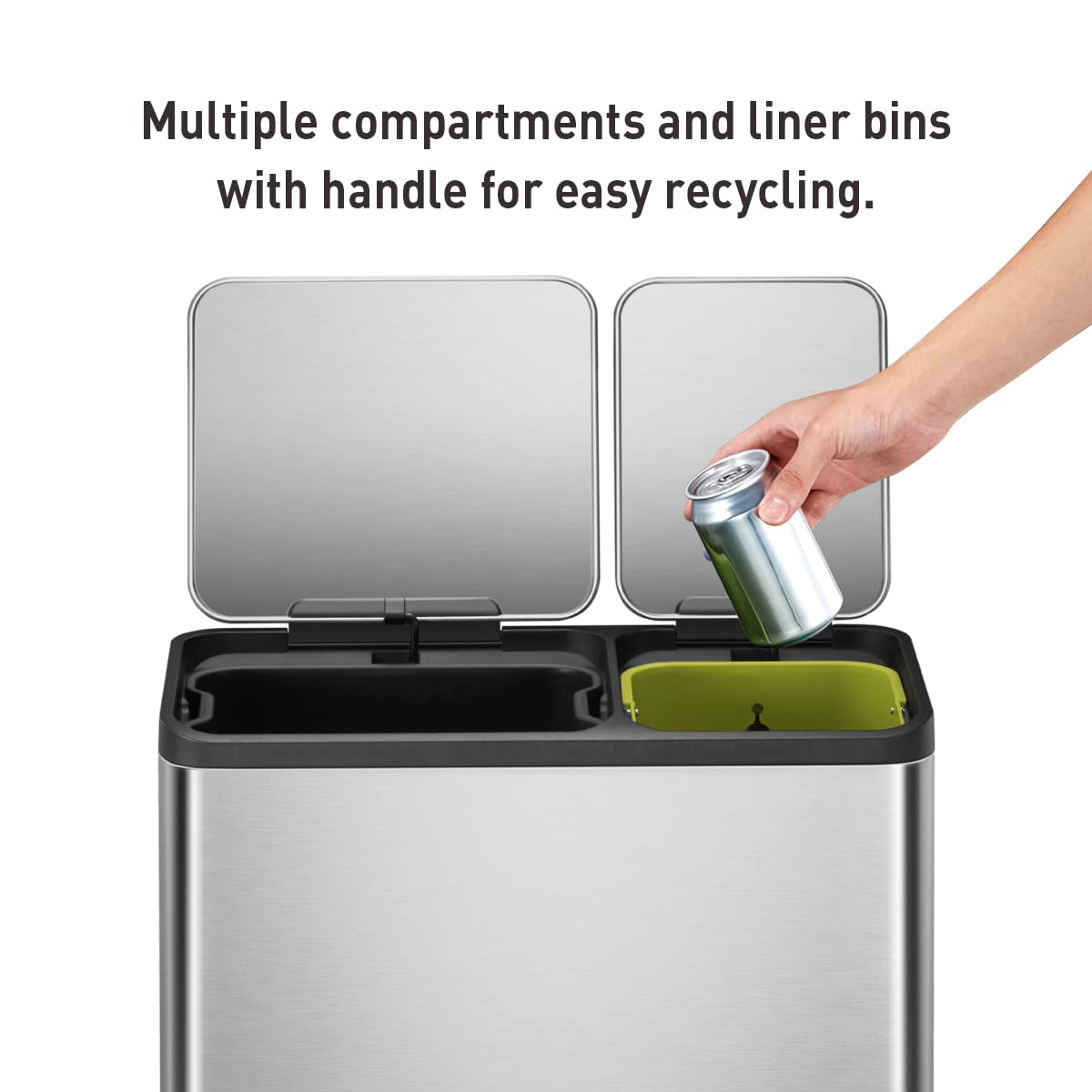 EKO EcoCasa 30L+20L Stainless Steel Dual Compartment Recycling Trash Can - Rectangular Kitchen Waste Bin with Independent Pedals & Soft-Close Lids, Fingerprint Resistant - Perfect for Eco-Friendly Homes, Office Break Rooms & Restaurant Kitchens