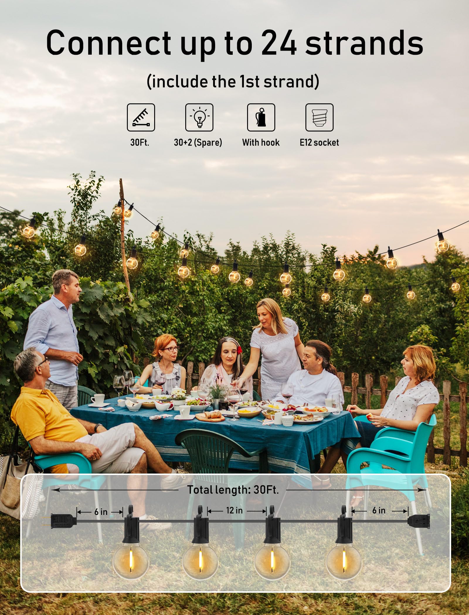 Brightown 30 Ft Outdoor String Lights with 30 Shatterproof G40 LED Bulbs - Waterproof Connectable Commercial Hanging Lights for Backyard, Patio, Porch, Deck, Bistro & Cafe | Perfect for Garden Parties, Weddings & Outdoor Dining