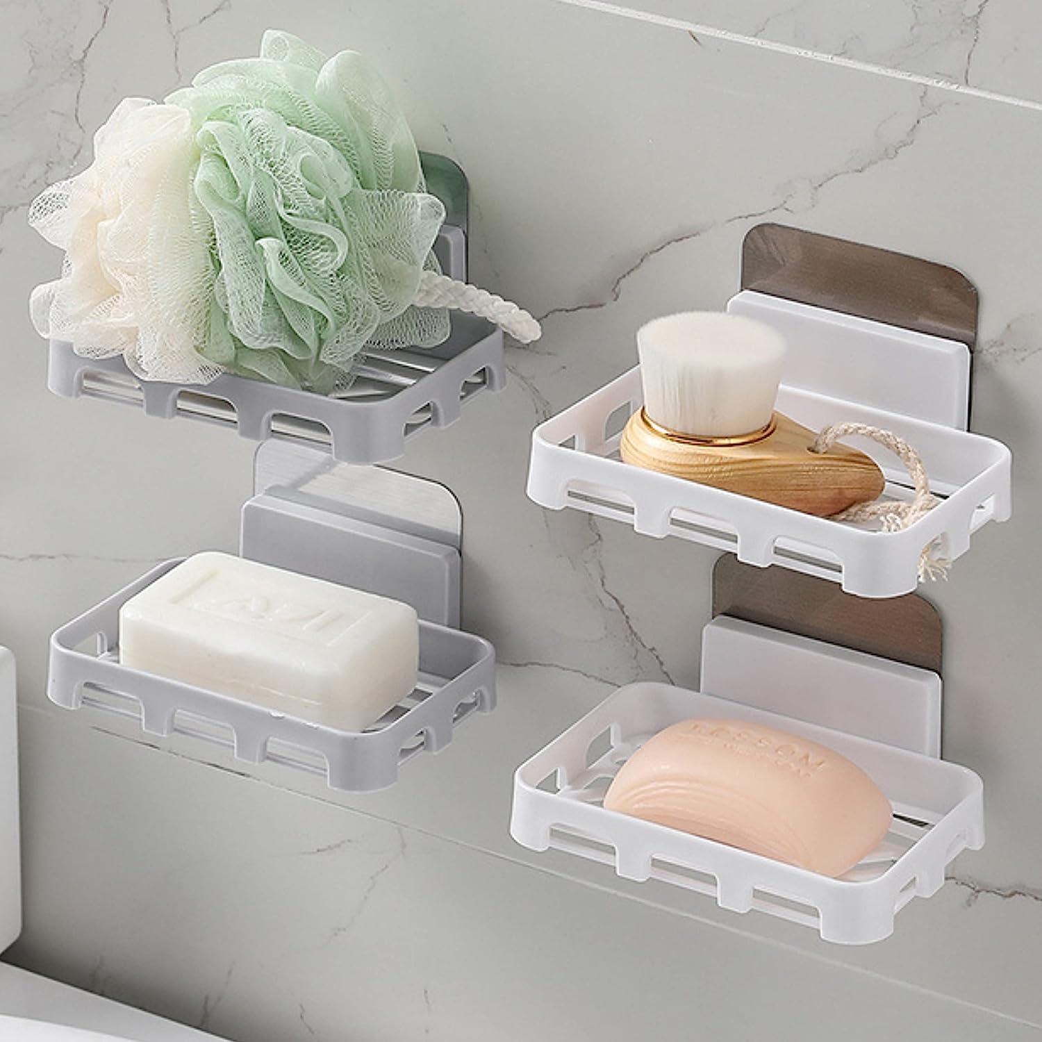 Arawaza 4-Pack Plastic Soap Holder for Bathroom & Kitchen - Wall-Mounted Soap Dish Stand with Drainage Holes - Perfect for Shower, Sink, and Countertop Organization (Clearance Deal)