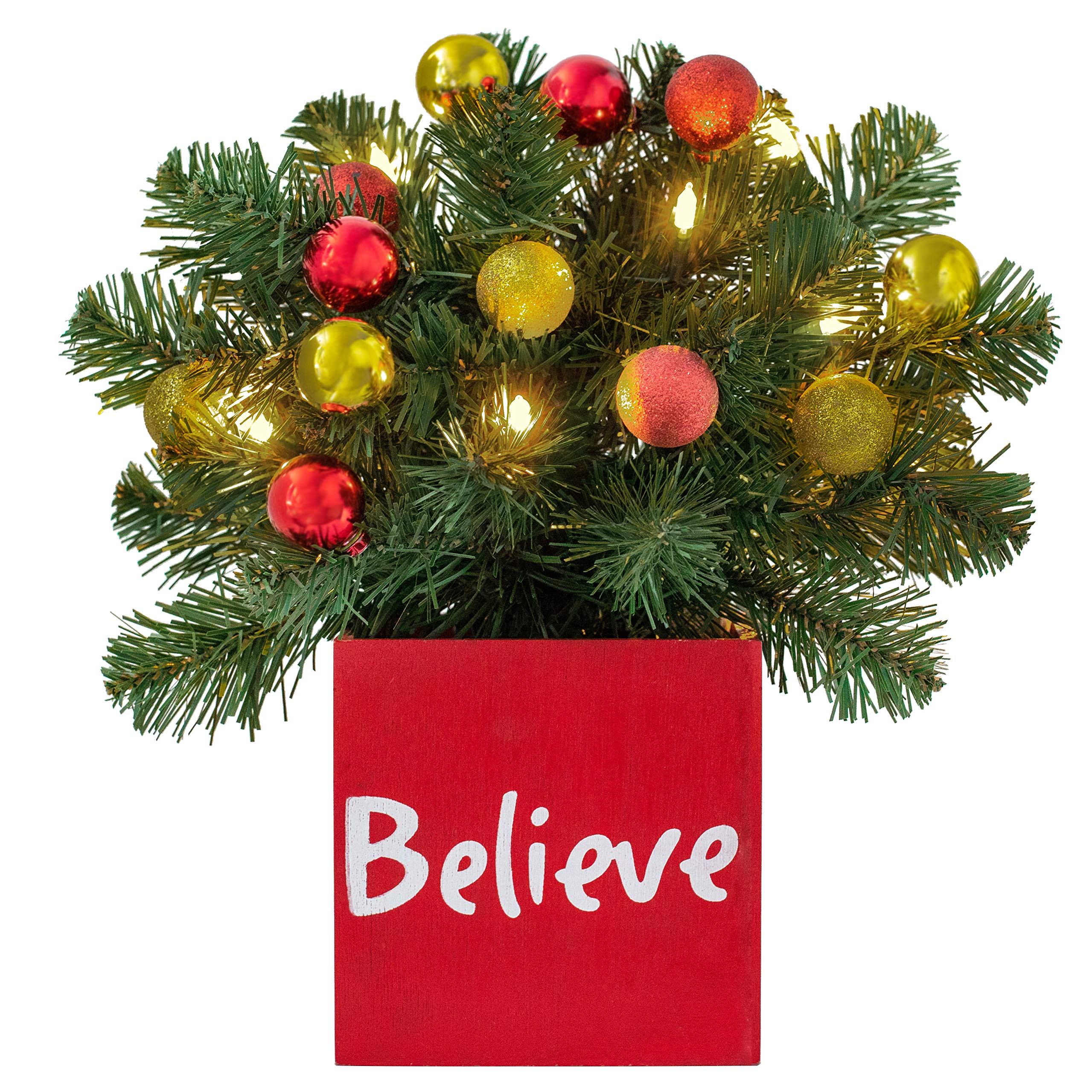Haute Decor LED Pre-lit Believe Classic Greenery Christmas Tabletop Decor with Built-in Timer - 13 Inch Square Holiday Centerpiece for Dining Table, Mantel, and Festive Home Decor