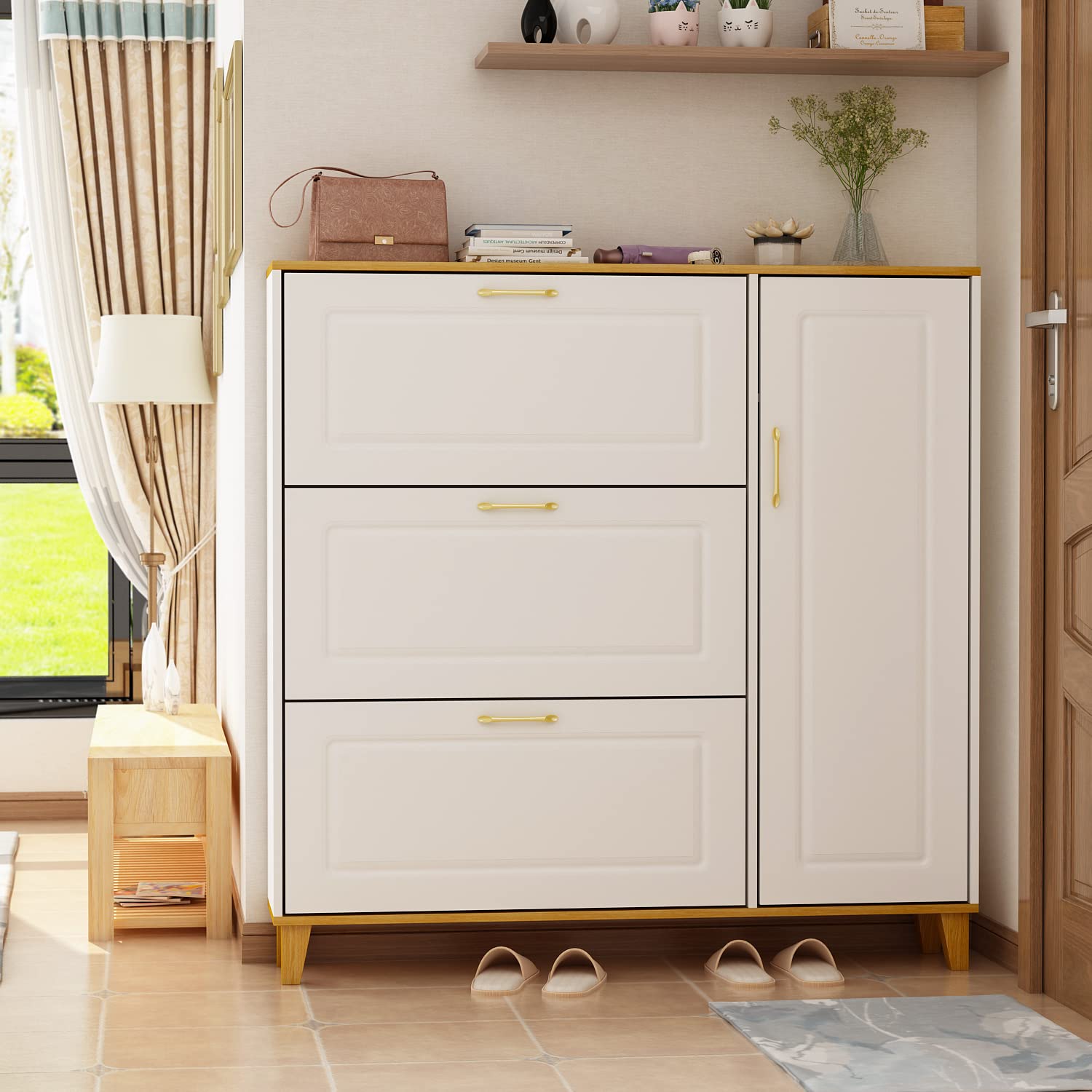 Modern Shoe Cabinet with 3 Flip Drawers & 1 Door - Freestanding Entryway Shoe Storage Organizer, White (47.2”W x 9.5”D x 47.2”H) - Perfect for Small Spaces, Apartments & Closet Organization