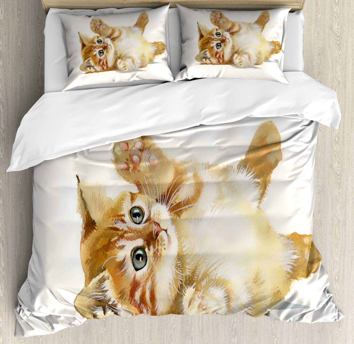 Ambesonne Animal Duvet Cover Set - Hand Painted Watercolor Cat Playing with Feather Design, 3-Piece Luxury Bedding Set with 2 Pillow Shams, California King Size in Apricot Cream White | Perfect for Modern Bedrooms, Guest Rooms & Cat Lovers' Home Decor