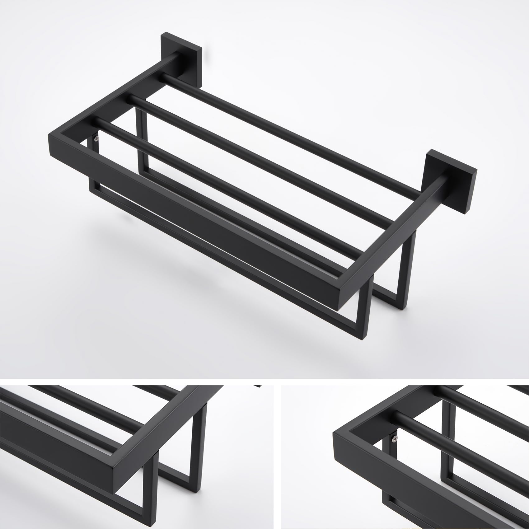 KOKOSIRI Matte Black Towel Rack 16 Inch - Double Towel Bars Bathroom Shelf, SUS304 Stainless Steel Wall Mounted Towel Holder for Bath, Kitchen & Laundry Room - B6003BK-L16