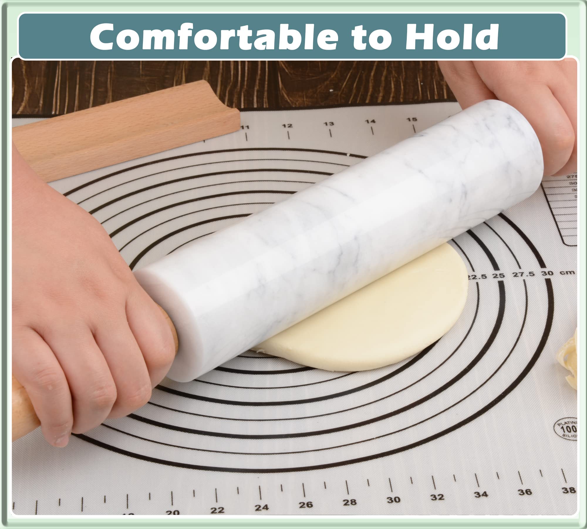 Premium 18.5 Inch White Marble Rolling Pin with Wooden Cradle - Thick Handle Baking Roller for Pizza Dough, Fondant, Pie Crust - Non-Stick Surface & Easy to Clean - Perfect for Home Baking, Pastry Making & Cookie Decorating