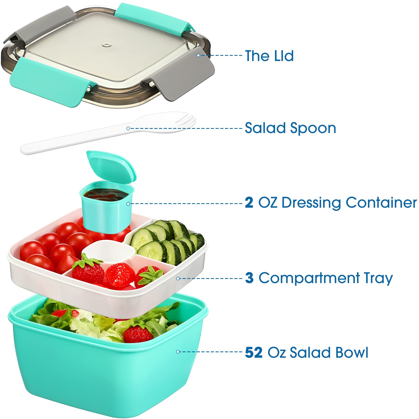 4-Piece Reusable Bento Box Set - 52oz Leak-Proof Salad Containers with 4 Compartments & Dressing Container | Stackable Lunch Box for Adults | Perfect for Meal Prep, Office Lunch, Picnics & Healthy Snacks (Blue, Green, Pink)