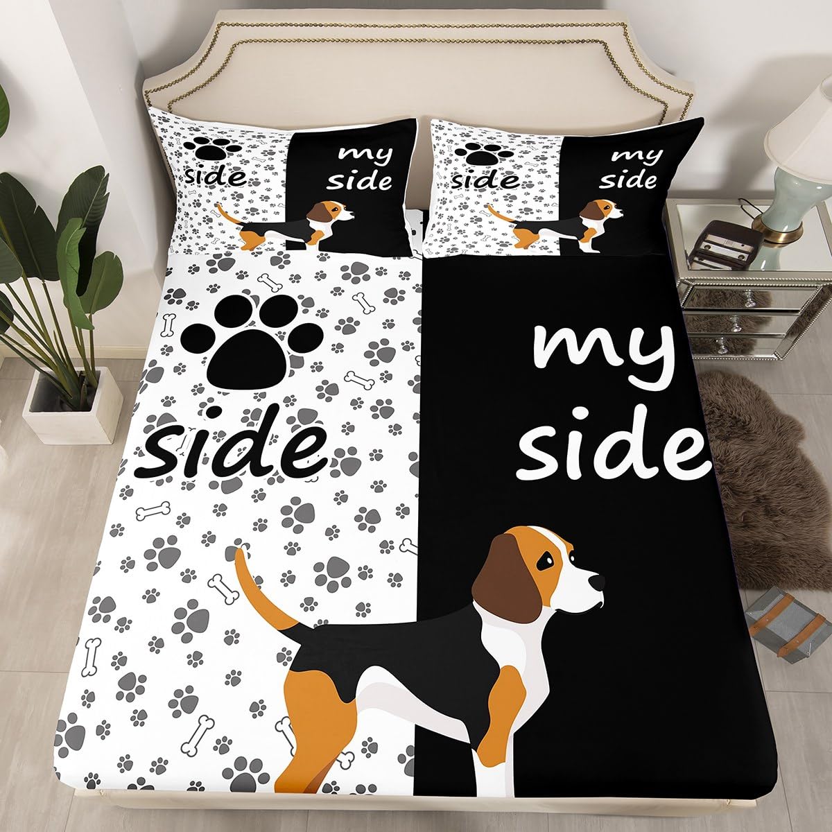 Erosebridal Cute Dog Paw Print Queen Size Bed Sheet Set - Black & White Puppy Bones Design for Kids, Boys & Girls | Soft & Comfortable Animal Themed Bedding Includes Fitted Sheet, Flat Sheet & 2 Pillowcases | Perfect for Pet Lovers' Bedroom Decor & Cozy Sleep