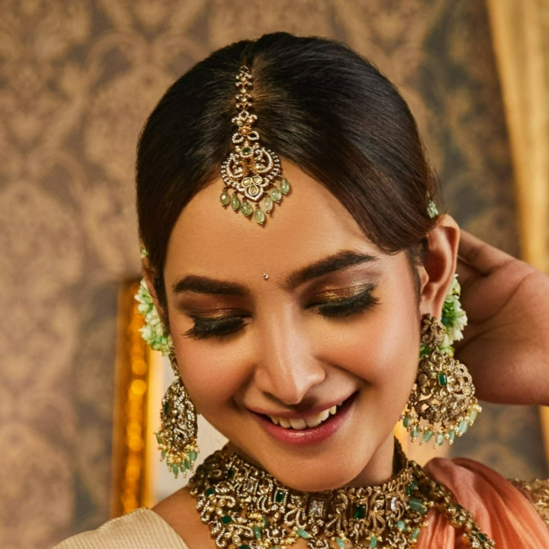 Drita Nakshatra CZ Maang Tikka Hair Jewelry - Elegant Cubic Zirconia Indian Bridal Forehead Jewelry for Weddings, Festivals & Special Occasions