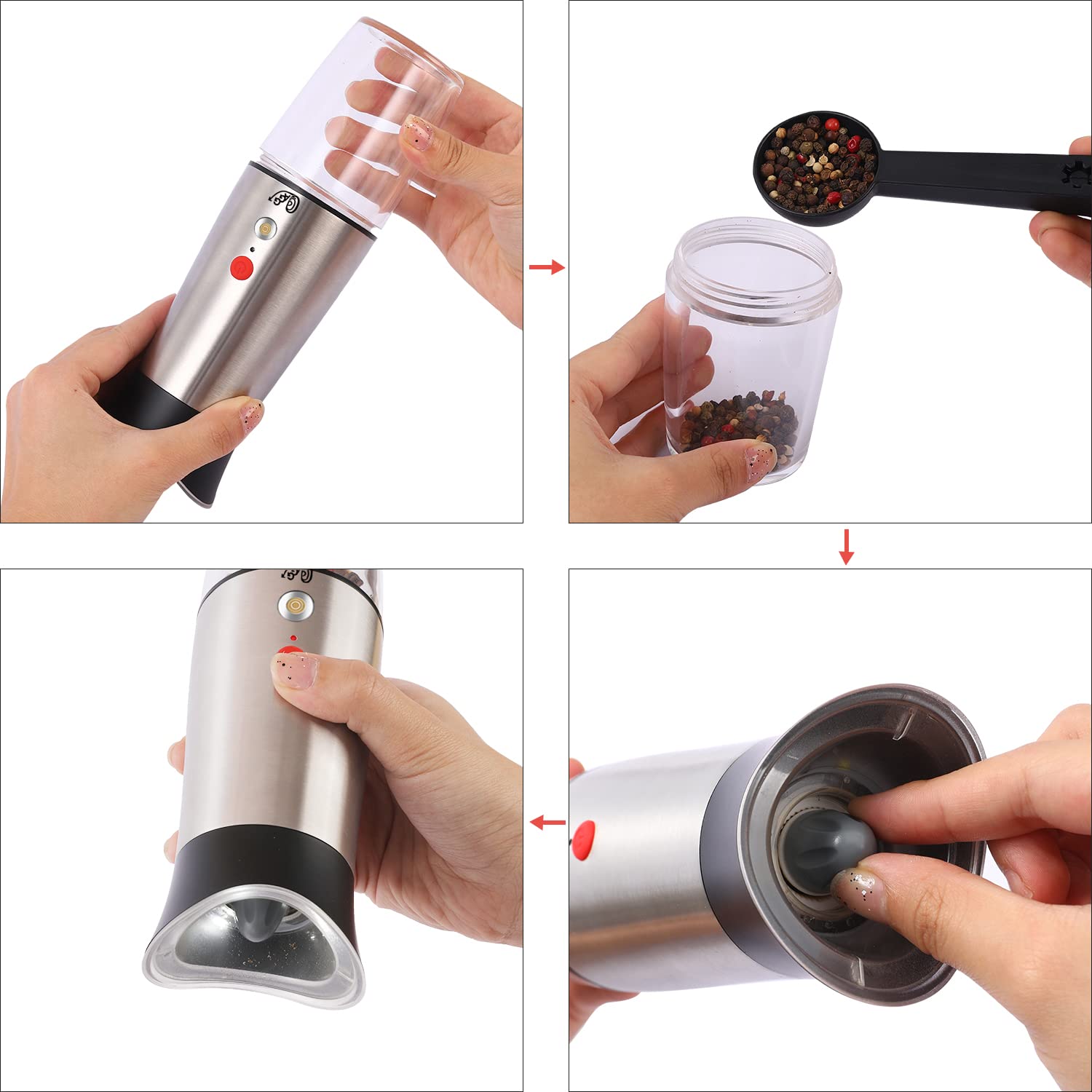 Rechargeable Electric Salt and Pepper Grinder Set - USB Magnetic Charging, Adjustable Coarseness, Gravity Activated with LED Light - Stainless Steel Spice Mill for Kitchen, Dining, and Outdoor Cooking