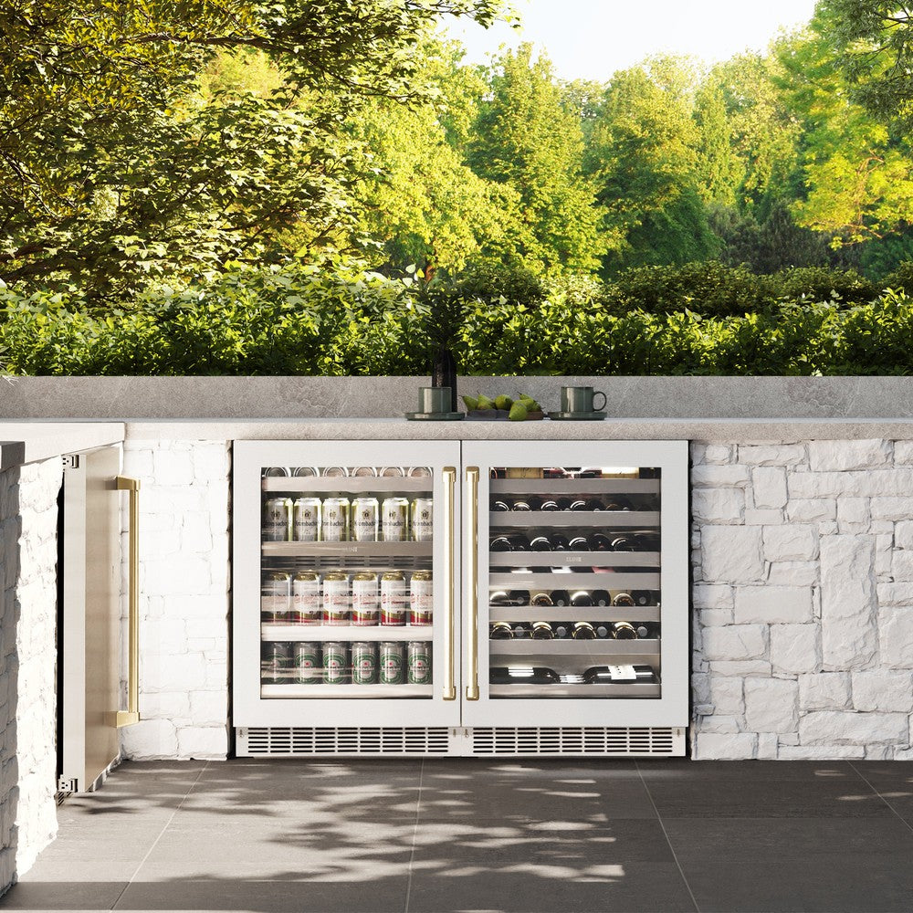 ZLINE Autograph Edition 24 Inch Dual Zone Wine Cooler - 44 Bottle Capacity, White Matte Glass Door & Champagne Bronze Handle - Perfect for Home Bars, Restaurants, and Wine Cellars (RWDOZ WM 24 CB)