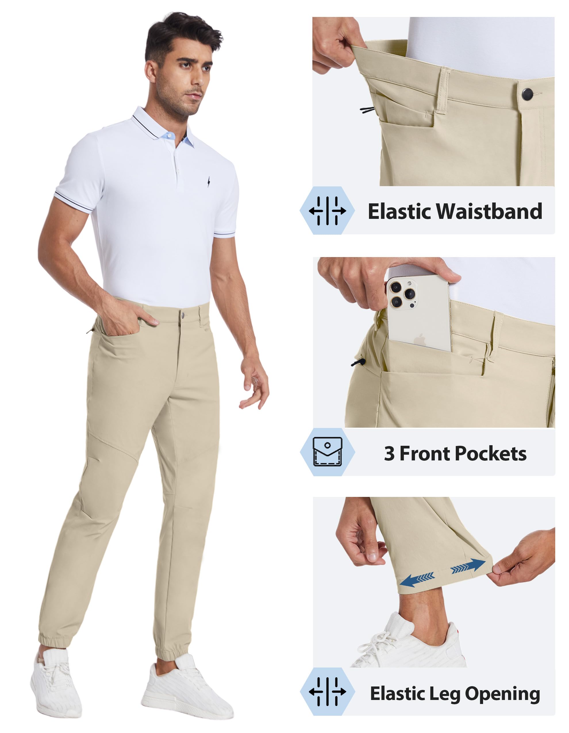 **PULI Men's Stretch Golf Joggers Pants - Waterproof Slim Fit with 4 Pockets - Hiking, Casual, Travel & Work Pants for Outdoor & Office Wear**