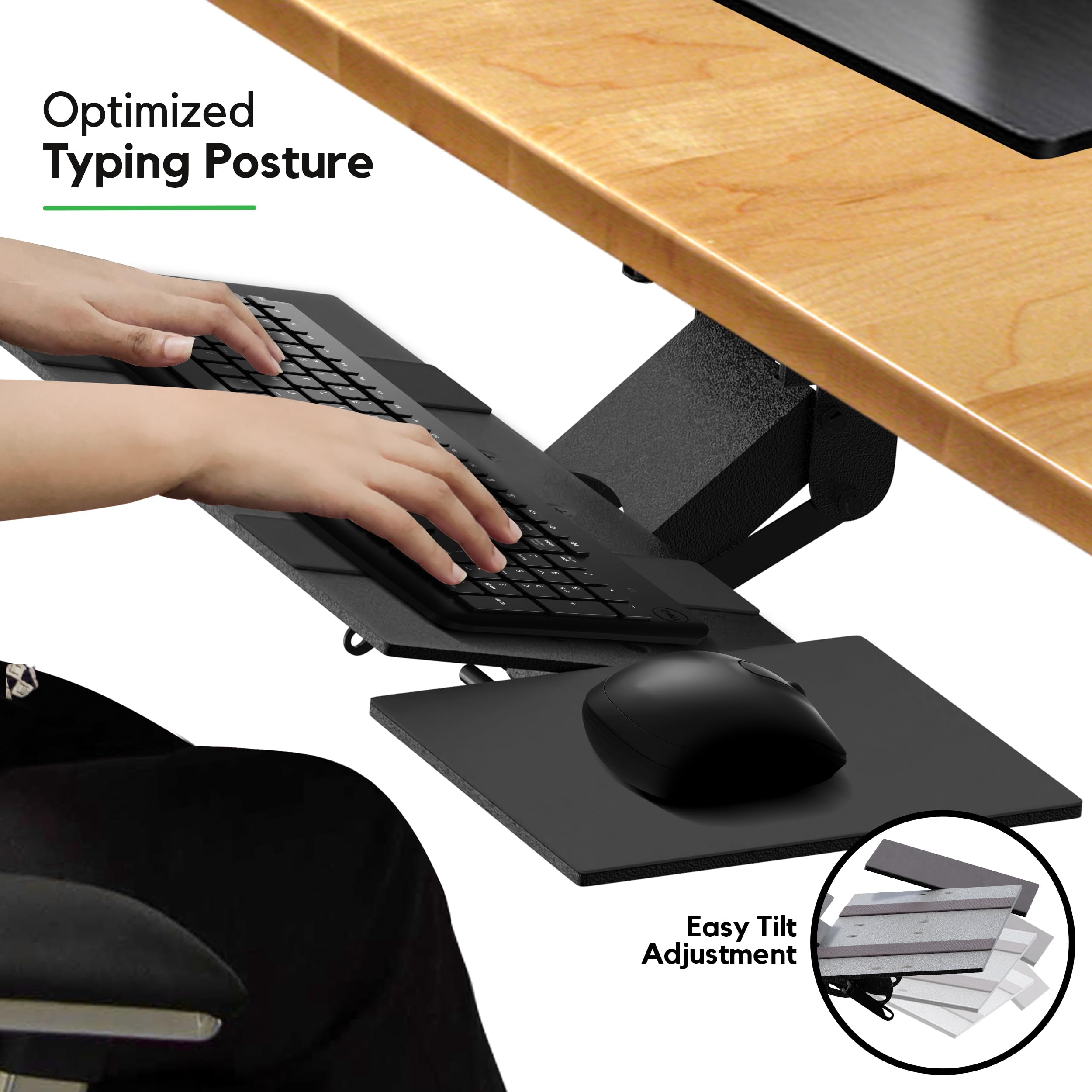 KT1 Ergonomic Under Desk Keyboard Tray - Adjustable Height & Tilt Slide-Out Tray with 360° Swivel & Mouse Pad | Perfect for Home Office, Gaming Setup & Workspace Ergonomics