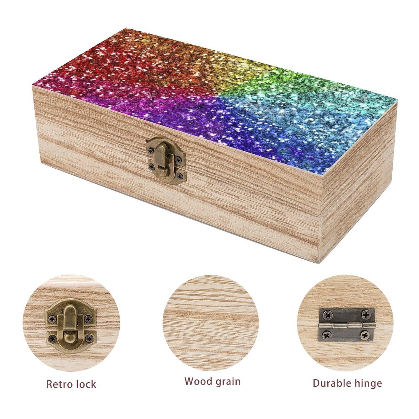 Rainbow Glitter Wooden Jewelry Box with Lock - Decorative Storage Organizer for Rings, Necklaces & Keepsakes | Perfect for Bedroom, Dresser & Gift Giving