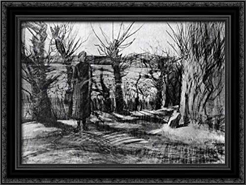 Vincent van Gogh 'Woman on a Road with Pollard Willows' 24x18 Inch Framed Canvas Art Print - Black Ornate Wood Frame - Home Office Wall Decor, Living Room Artwork