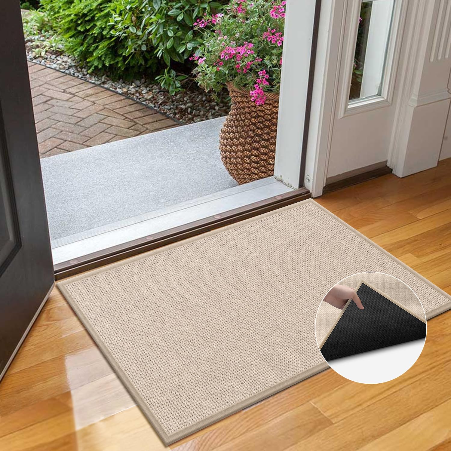 Non-Slip Indoor/Outdoor Door Mat - Washable Waterproof Entryway Rug for Front Door, Patio & House Entrance - Dirt & Stain Resistant Low Profile Beige Rubber Mat - Perfect for High Traffic Areas, Mudrooms & Wet Weather Protection